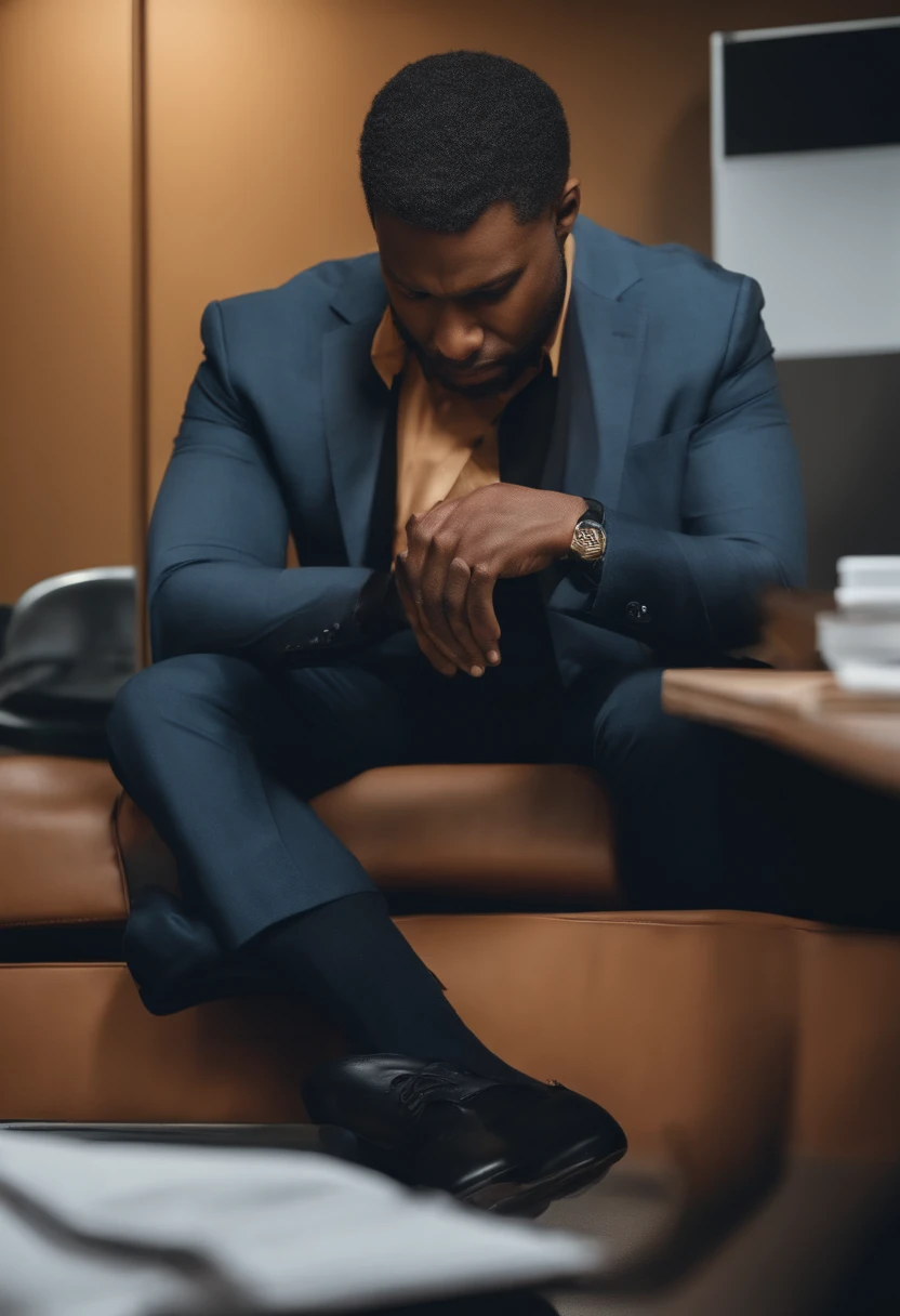 A sad person, close to collapse, in the workplace. The image should show a sad person in an office, with a despondent facial expression.