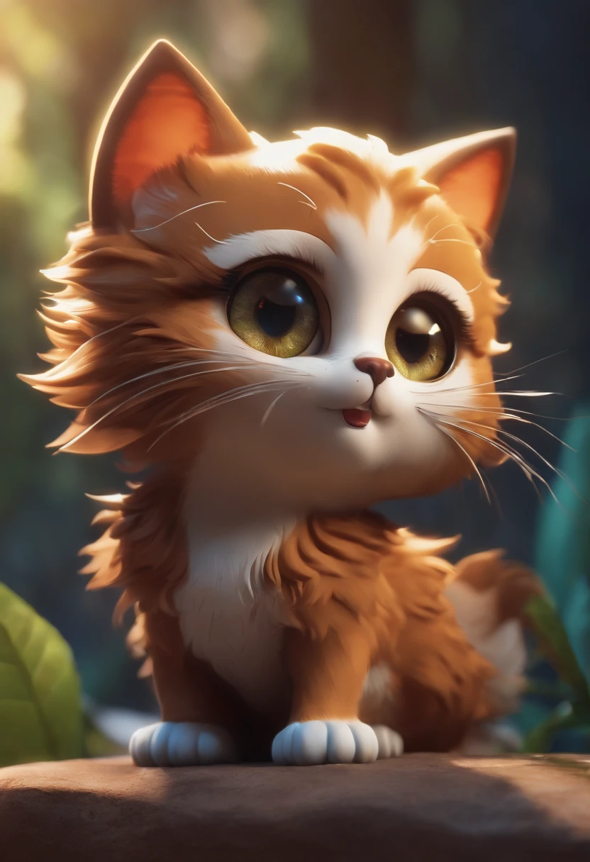 crie um gato fofo meigo que tenha olhos grande e brilhantes em estilo chibi cartoon 3d