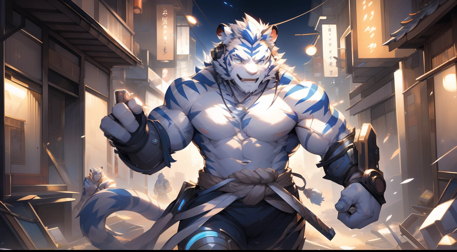 (by null-ghost, by thebigslick, By Darkgem, by Honovy), Kogenta (Onmyoji Oyamaji Temple), high-definition photograph, Perfect anatomy, Anthropomorphic white tiger, male people, 20yr old, Thick eyebrows, Light blue stripes, Strong body, large pecs, Bare topless, mechanical leg, Cyberpunk gear, which stands on the street, one arm raised, Bluetooth headset, Take the weapons of the future, serious expressions, Golden pupils, Look at the audience, Clear facial features, Strong, Solo, top views, Full body photo, the night, street Tokyo, Noisy environment, neonlight, Broken urban buildings