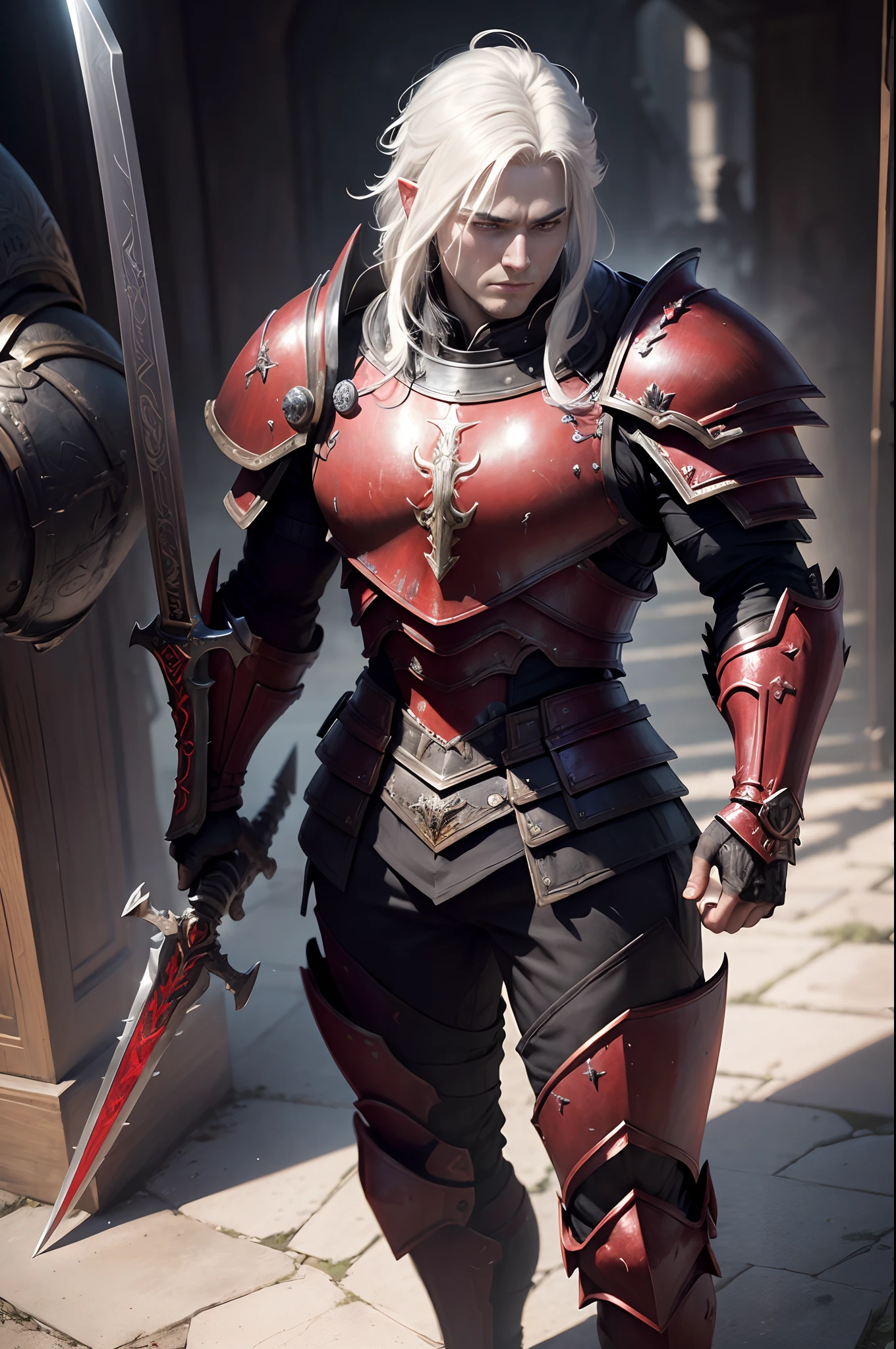 Boys in 8K resolution(full body Esbian:1.3)shots、splashart、Fantastic cartoon style、Photorealistic and adult male appearance、Anatomical Photorealistic Digital Painting(shoun:1.3)Portrait of an adult man(shoun:1.3)Red and black complex(heavily armored:1.3)And white short-cut hair(Dark and moody universe:1.3)、Black clothe,light particules、highlydetailed skin、Demon Slayer、extremely detailed eye、 (Elden Ring-style:1.1)、(warhammer style:1.3)、Concept Artist、globalillumination、depth of fields、splashart、art by:artgerm、by Greg Rutkowsky、viktoria gavrilenko,Has a very large sword