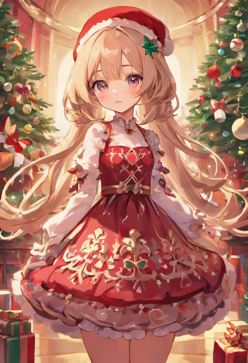 Create a series of chibi style dolls with a cute Christmas theme, sorridente e fofa, each with lots of detail and in an 8K resolution. All dolls should follow the same solid background pattern and be complete in the image, mostrando o (corpo inteiro, incluindo as pernas: 1.5) Boneca Natal: Chame-a de Bella. Ela deve ter cabelo longo e cacheado em tons coloridos e natalinos. Seus olhos devem ser grandes e brilhantes, with long eyelashes and rosy cheeks. Bella deve estar vestida com um vestido delicado e longo, com avental estampado e saia longa rodada. She should wear a hat and have Christmas accessories on hand, while in the other has nothing. Don't forget the details, com detalhes coloridos e enfeites encantadores, sapato bonito Certifique-se de adicionar sombras, texturas e detalhes nos cabelos, roupas, Cute accessories of each doll, to make them even more adorable and charming.