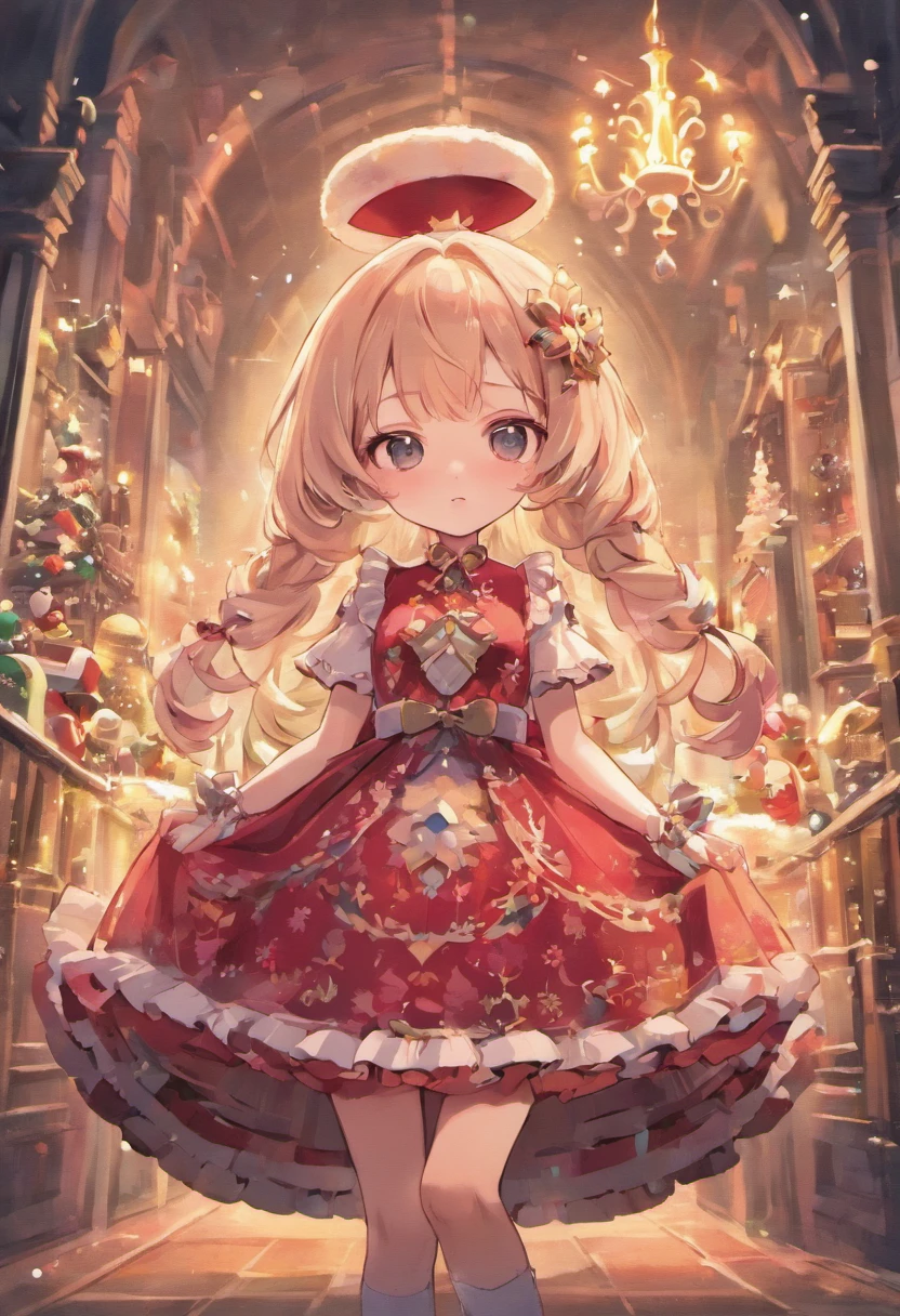 Create a series of loli chibi style dolls with a cute Christmas theme, sorridente e fofa, each with lots of detail and in an 8K resolution. All dolls should follow the same solid background pattern and be complete in the image, mostrando o (corpo inteiro, incluindo as pernas: 1.5) Boneca Natal: Chame-a de Bella. Ela deve ter cabelo longo e cacheado em tons coloridos e natalinos. Seus olhos devem ser grandes e brilhantes, with long eyelashes and rosy cheeks. Bella deve estar vestida com um vestido delicado e longo, com avental estampado e saia longa rodada. She should wear a hat and have Christmas accessories on hand, while in the other has nothing. Don't forget the details, com detalhes coloridos e enfeites encantadores, sapato bonito Certifique-se de adicionar sombras, texturas e detalhes nos cabelos, roupas, Cute accessories of each doll, to make them even more adorable and charming.