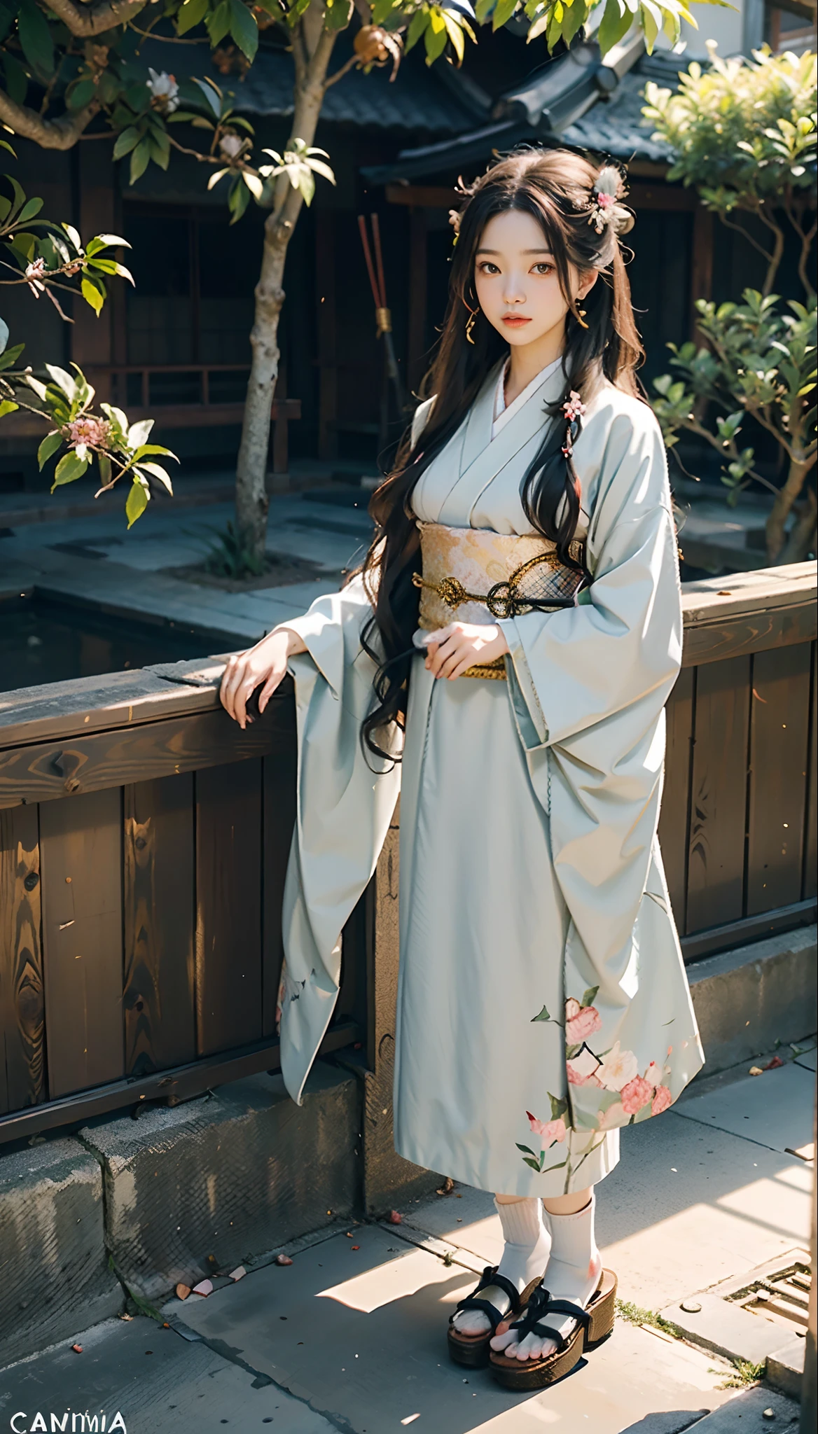 meticulous portrayal of face，1 noblewoman，(Hairpins)，(Camellia kimono)，(Long flowing colored hair)，Simple and elegant Japanese clothing，Collar，(black sock+，clogs)， s the perfect face， perfect hand， Perfect Finger， Perfect lips， perfect  eyes，Extremely normal body，Ancient Japanese town background，Perfect background