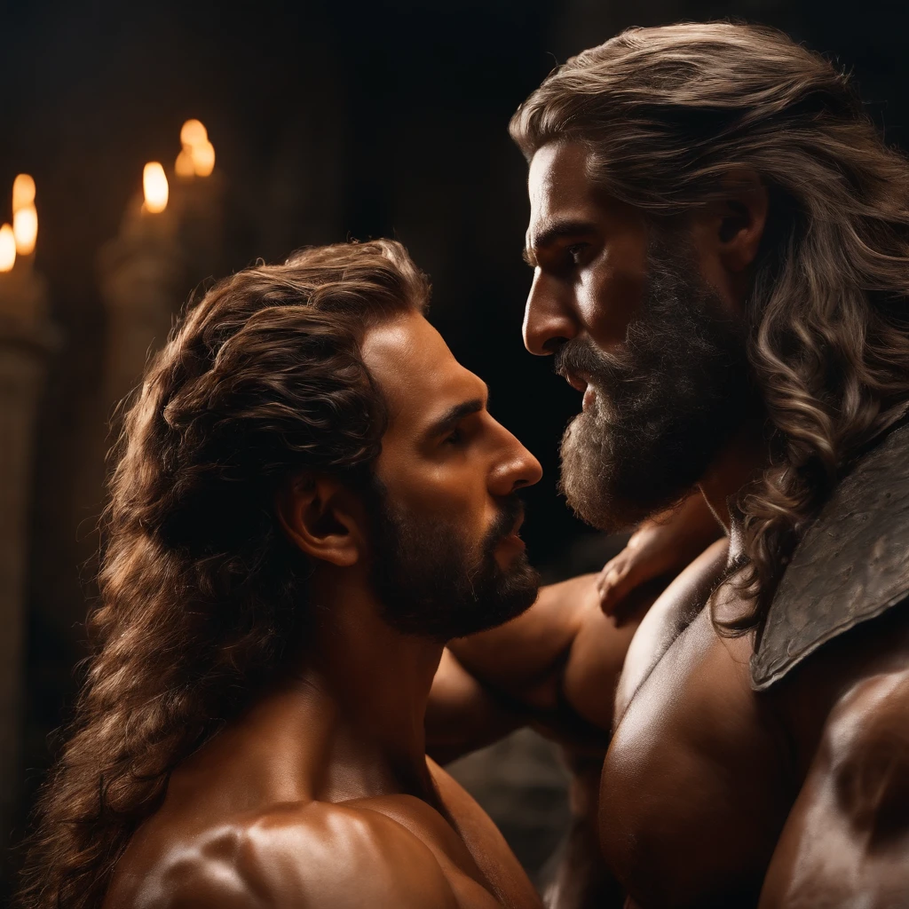 Hercules face to face with Prometheus rescued from chains, o espetacular Monte Olimpo ao fundo, I'm here to rescue you from the punishment of Zeus.