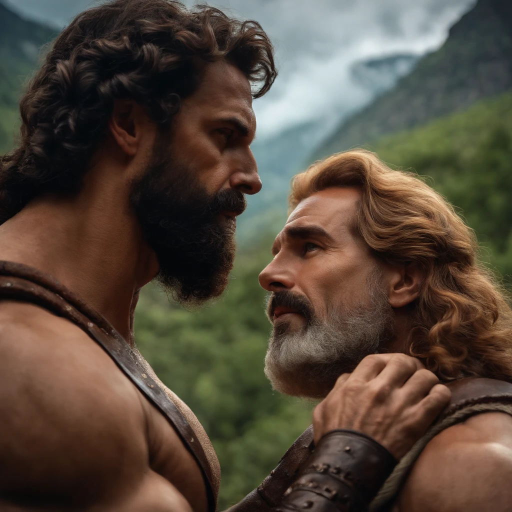 Hercules face to face with Prometheus rescued from chains, o espetacular Monte Olimpo ao fundo, I'm here to rescue you from the punishment of Zeus.