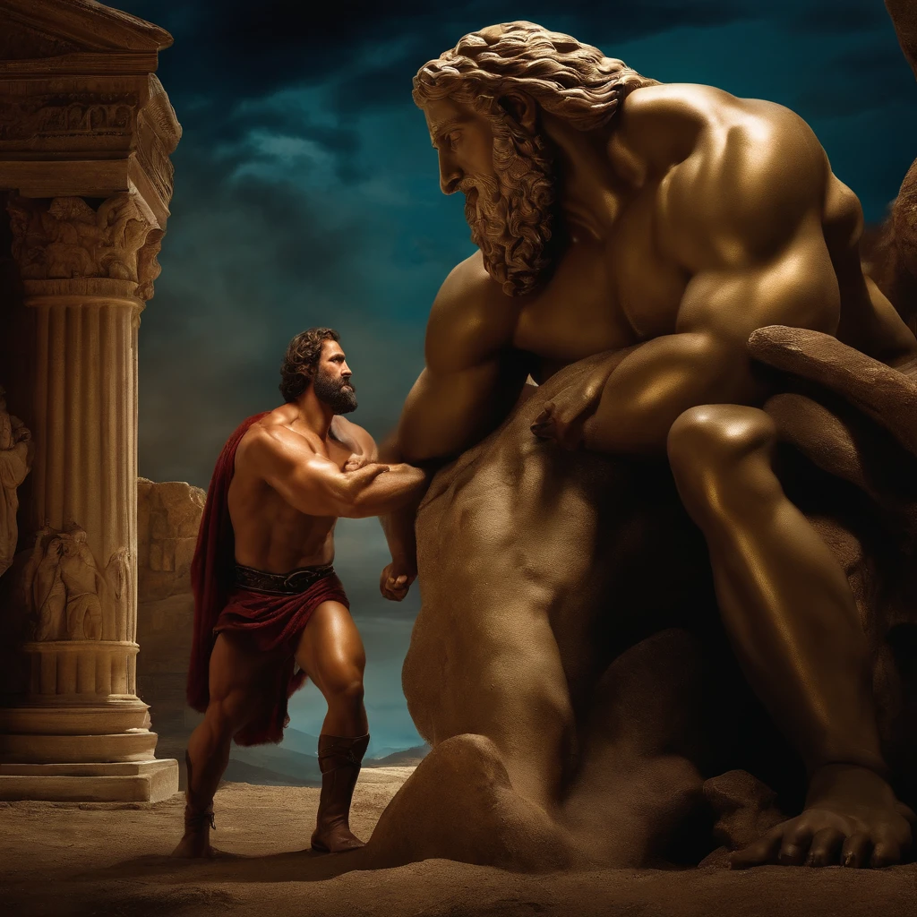 Hercules face to face with Prometheus rescued from chains, o espetacular Monte Olimpo ao fundo, I'm here to rescue you from the punishment of Zeus.
