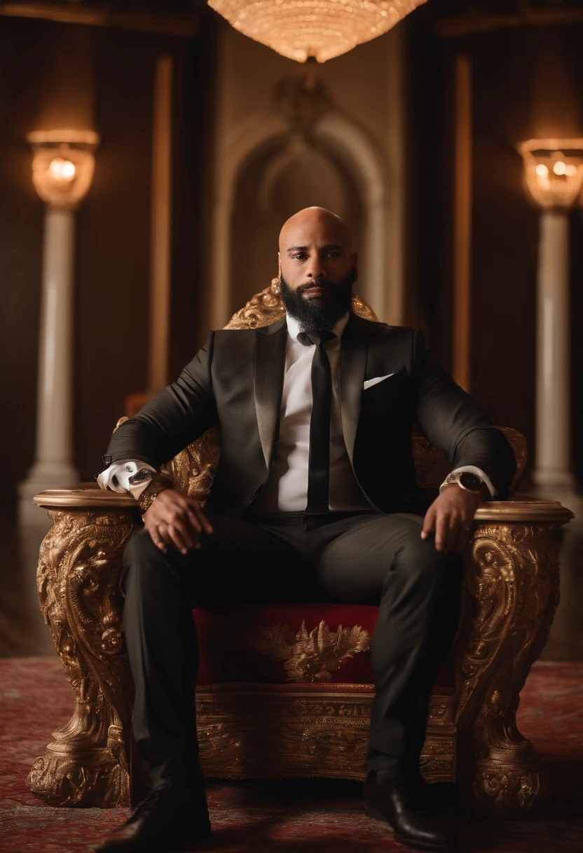 brown skinned King,physically well built, sitting on throne,crown,short beard,bald,business atire