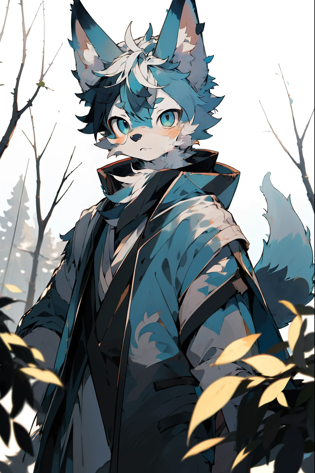 depth of field, perfect lighting, light particles,(best quality),(masterpiece),(ultra detailed),sharp focus,light particles, niji, eyesgod, male, blue_eyes, looking_at_viewer, solo, furry, animal_ear_fluff, upper body, tail, tattered clothes, tree, closed mouth, from below, arms behind back,