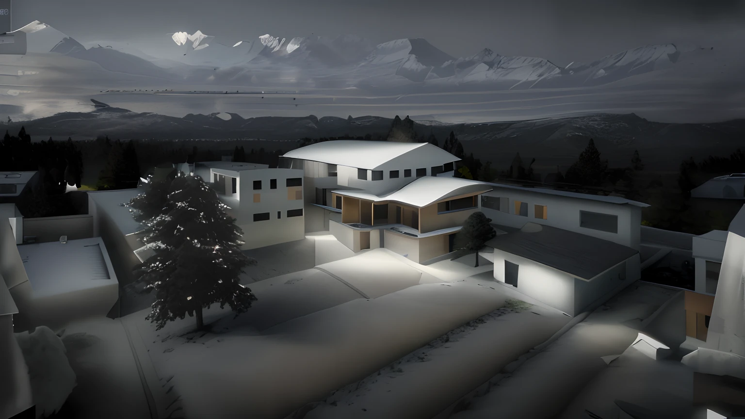 House with a tree in the yard，Mountain views, Mountain architecture，at noon，bright sun，morden style，Sloping roof，Rough masonry façade，Smooth white paint appearance，Small glass windows，Wooden window frames，Wooden grille，Perspective view，k hd，high qulity，8K architectural visualization, architectural render, wide establishing shot, highly rendered!! Dynamic (RAW photo, Real, Best quality, Masterpiece:1.2), (Ultra photo realsisim, photo-realistic:1.2), High quality, (Dark lighting:1.2), Perfect lighting, Architectural Digest Award winner: Sustainable Architecture, Cinematic