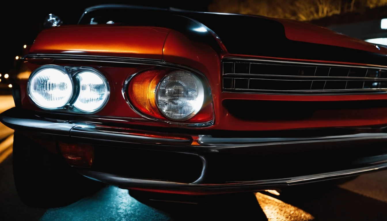 Headlights on of a car in the dark