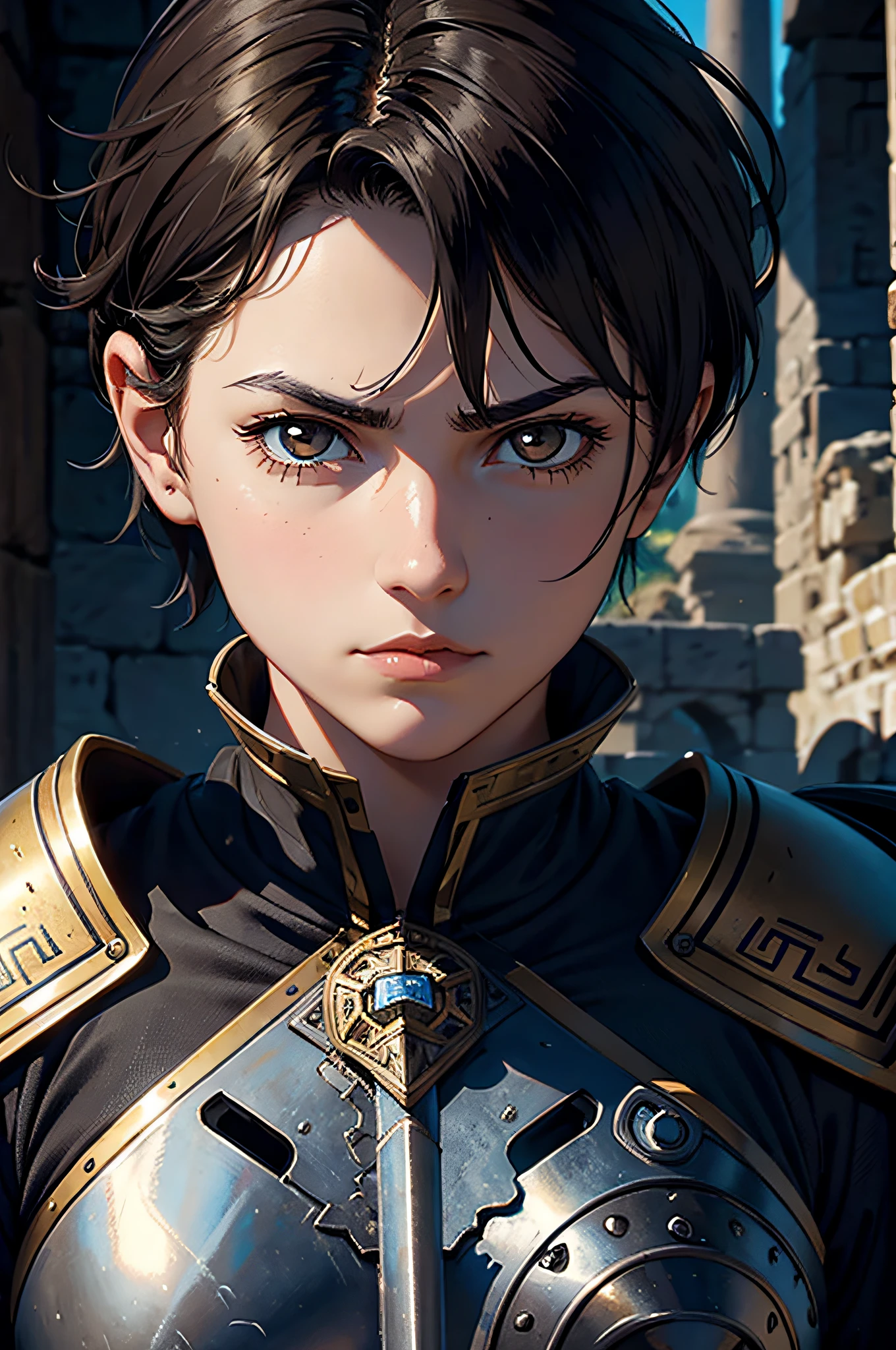 tomboy, short black hair, medieval armor, scowl, brown eyes, portrait, close-up, athena, greek mythology