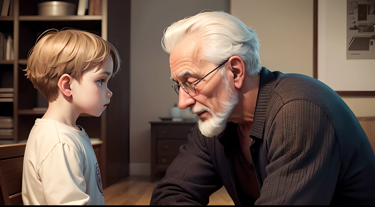 The grandfather and grandson talking to each other