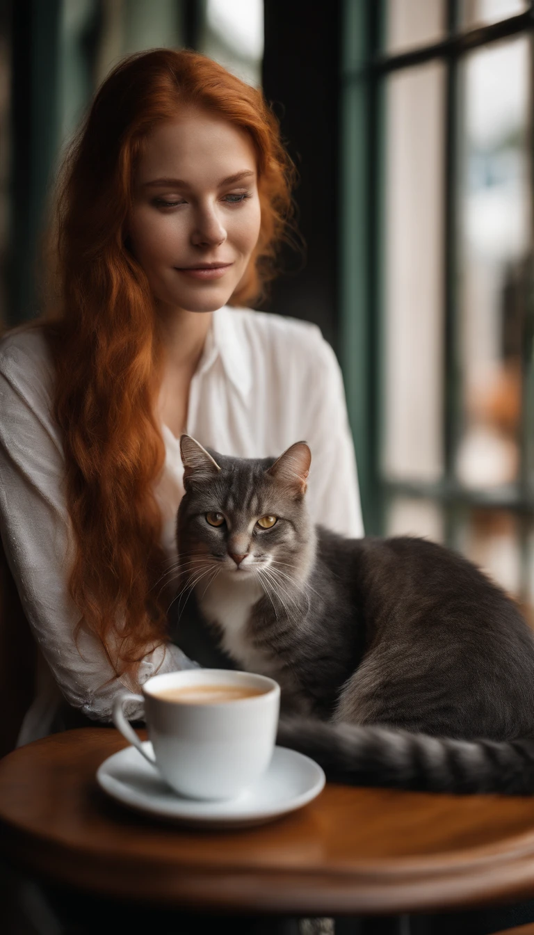 Masterpiece, a professional photo of a sexy 20 year old woman with long loose wavy ginger orange hair with volume, holding a grey cat on her lap, redhead, slightly smiling, she is wearing white blouse, sitting in a caffe outside in Lisbon Portugal, erotic model, big latte cup on the table, (textured skin, skin pores:1.1), (grey cat on her lap, Chartreaux cat:1.1), imperfect skin, goosebumps, flawless face, (light freckles:0.9),