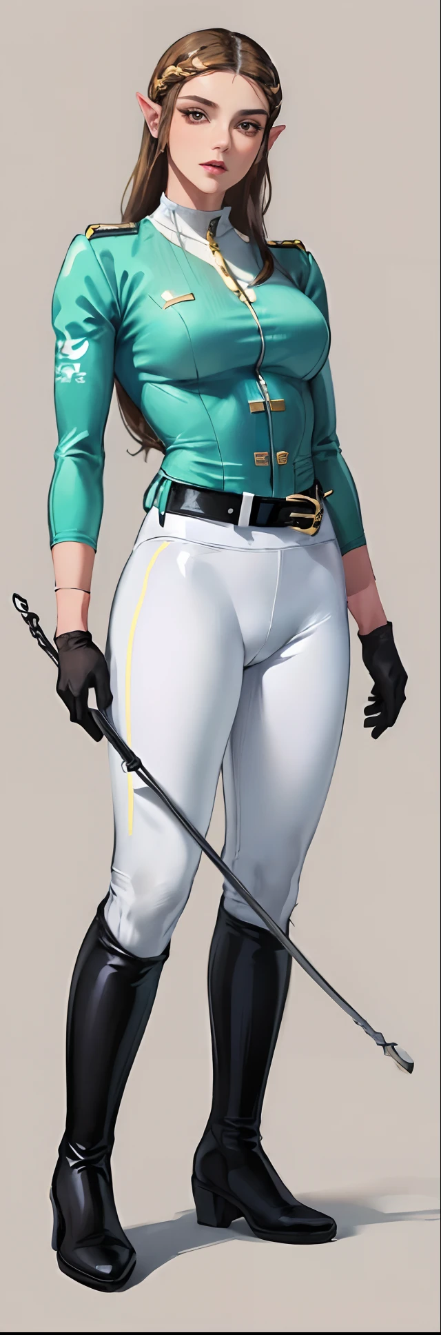 (highest resolution, distinct_image) best quality, a woman, solo, masterpiece, highly detailed, semi realistic, brown hair, bangs, 18 years old, mature, young, pretty, goddess, tall strong,(plain and simple uniform),( plain minimalist military uniform),(luxury hotel room background:1.2), cold, serious, tall, handsome, autocratic, powerful, exquisite facial features, exquisite facial features, (full body)(black knee-high boots:1.4)(dominatrix:0.3)(white Yoga pants:1.3),(black gloves:1.5)(long sleeves:1.2),(active white sportswear shirt):1.2,(princess Zelda),solo,1girl,(looking at viewer),(from below:0.8)(head turned upwards:0.3)(smiling:0.4)(bodysuit:0.2)(holding riding crop:1.2)(muscular:0.7),(black belt), (shirt tucked in pants),(standing on ground), (marble floor)