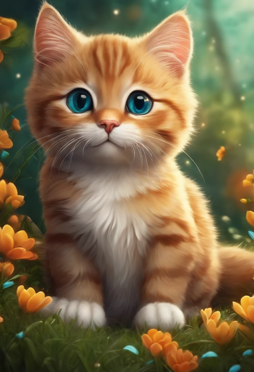 crie um gato fofo  olhos grande e brilhantes em estilo chibi cartoon 3d com um fundo alegre e colorido bricando