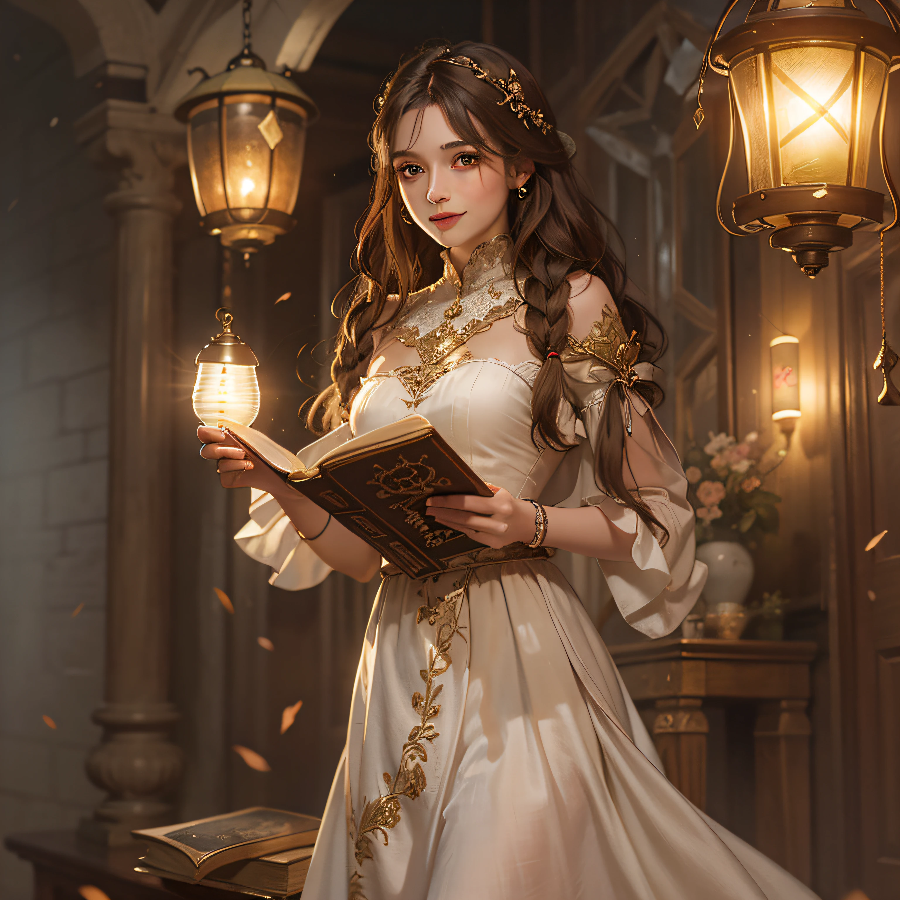 masterpiece, best quality, extremely detailed, sorceress, hazel eyes, icy eyes, cold smiling mouth, magic book in right hand, left hand hanging a lantern small, loose brown hair, modest white Victorian high neck dress, sepia braided sandals,
