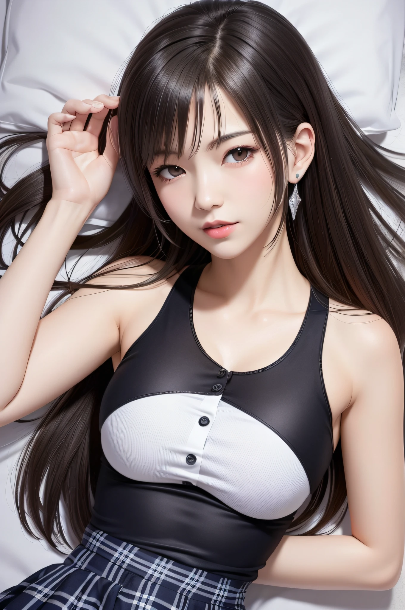 (top quality, masutepiece: 1.1), (Real: 1.4), BREAK (((FF7)))(((Tifa))),(solo,Tifa:1.2),(love hotel:1.3,love bed,gravure pose:1.7),Ultra-detailed face, Detailed eyes,(lying:1.5,on back:1.5) BREAK (((FF7)))(((Tifa))),(light brown hair, Large breasts: 1.2), (Tifa wearing japanese School Uniform:1.7,button-down shirt:1.6,Plaid pleated skirt:1.4 ), BREAK  (No bra) ,(Small and beautiful hard nipple) ,(oiled skin: 1.4), About 18 years old, Sensual,come on ,pleases hug