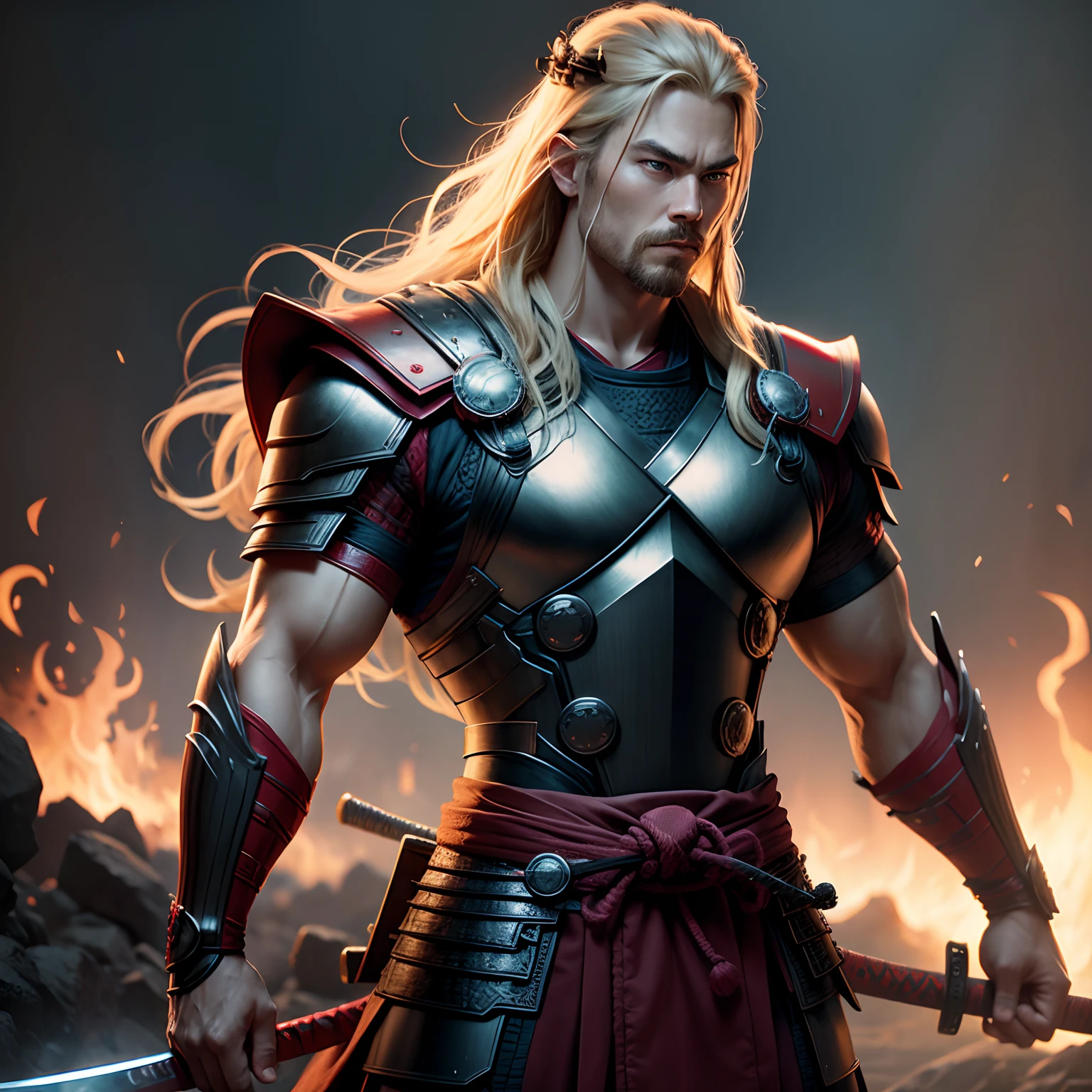 thor ,samurai style, samurai costume, with two katanas, realistic, 8k.