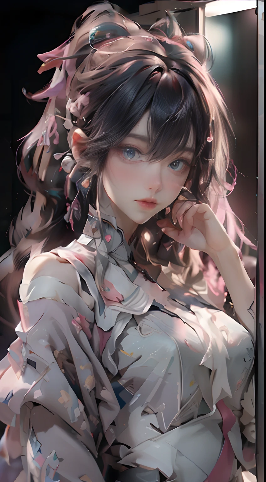 Gloomy weather, gray-black world, Miao girl, wearing silver jewelry, exquisite decoration, exquisite woman, tall, Hanfu, robe, national style beauty, very temperamental, Guvez art style, wearing tulle, white hair, Miao Xinjiang dressed, wizard, witch, empty eyes, white eyes,