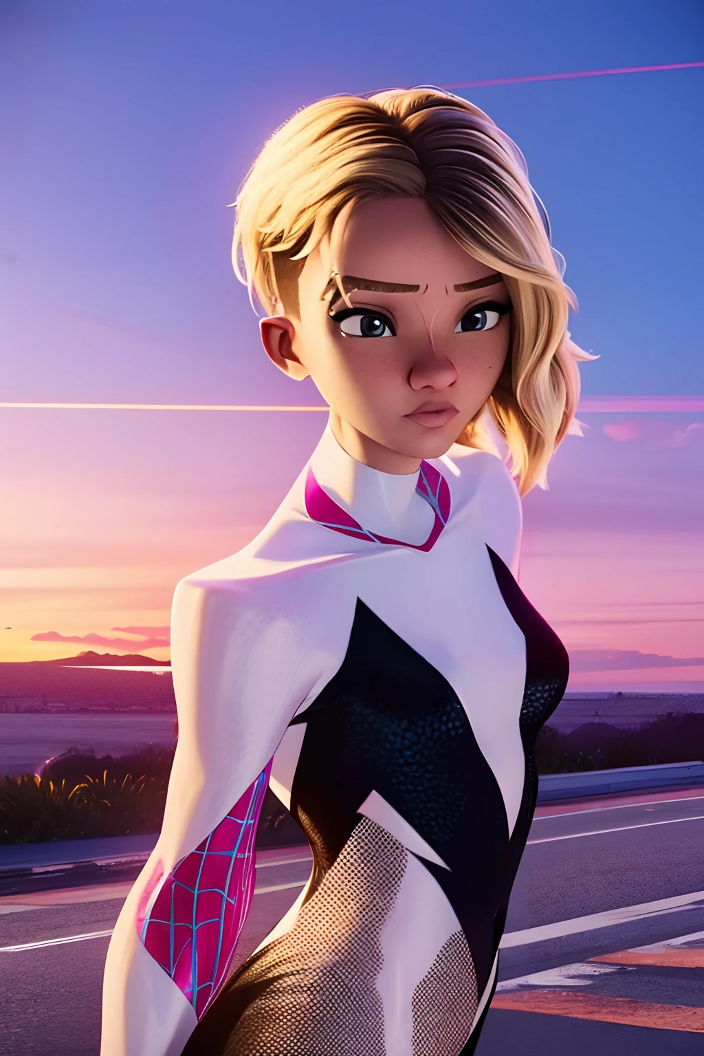 1 girl, spidergwen, swinging, web, photoshoot