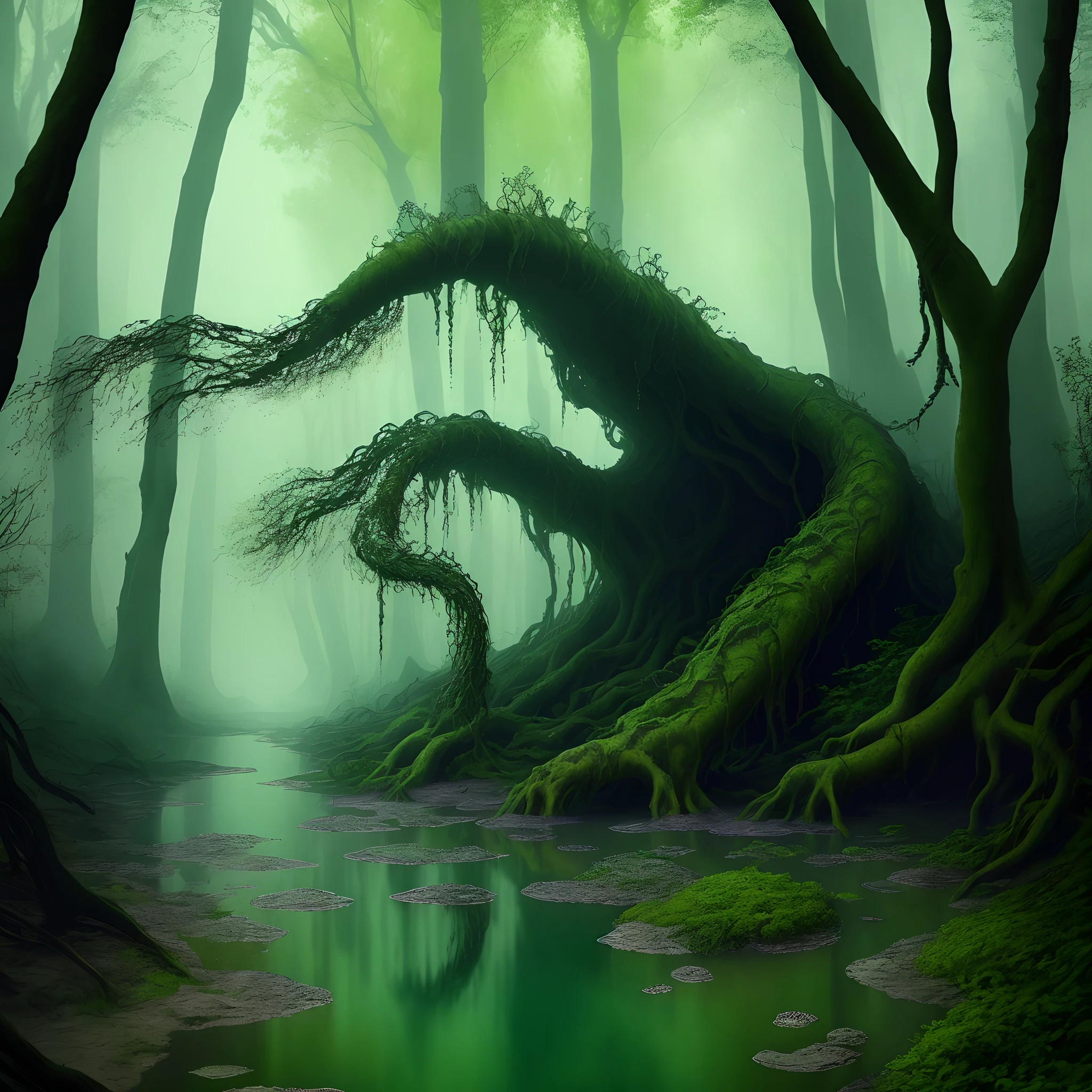 lush green forest with towering trees and sparkling streams. But the trees are all twisted and gnarled, and the streams are filled with murky green water. In the background, a strange and otherworldly creature moves through the shadows.
Hyperrealistic weirdcore + dreamcore 1:1 image