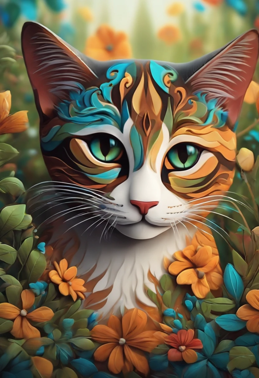 um gato fofo olhos grande e brilhantes em estilo cartoon 3d com um fundo alegre e colorido bricando
