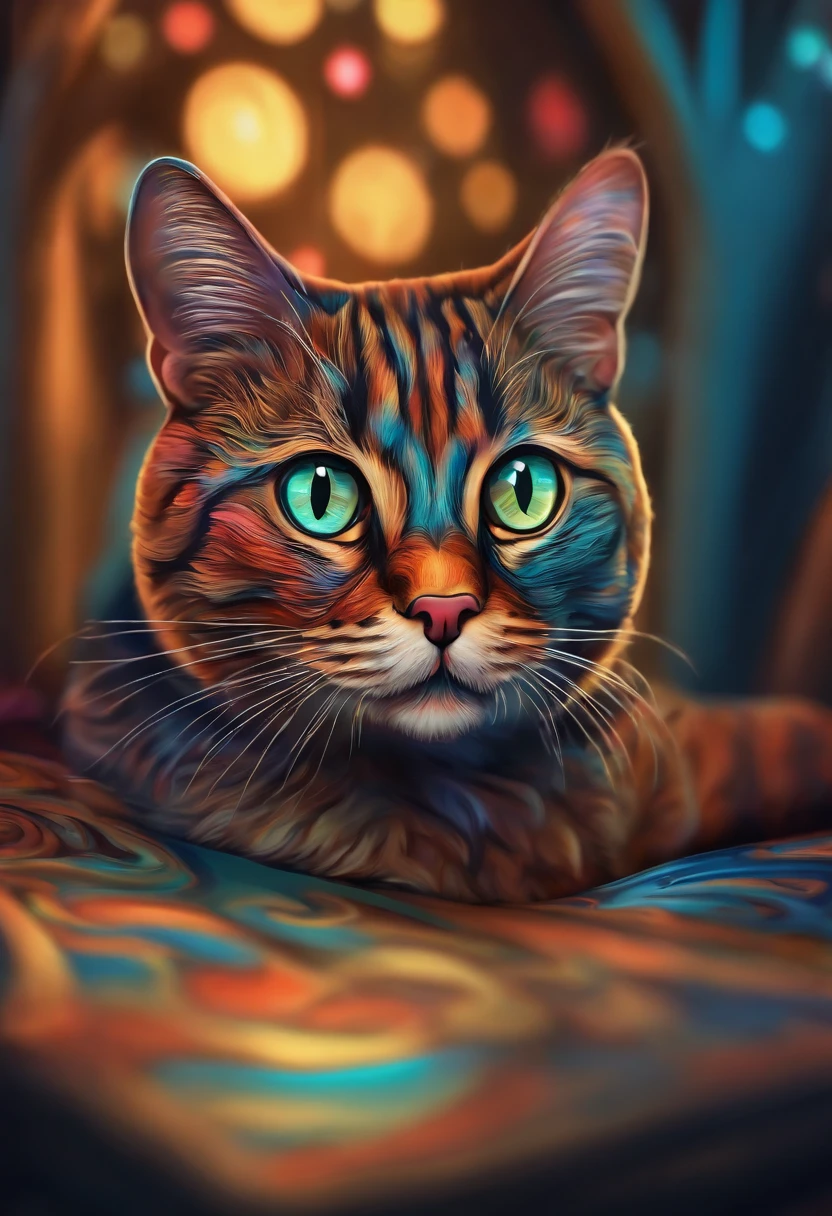 um gato fofo olhos grande e brilhantes em estilo cartoon 3d com um fundo alegre e colorido bricando