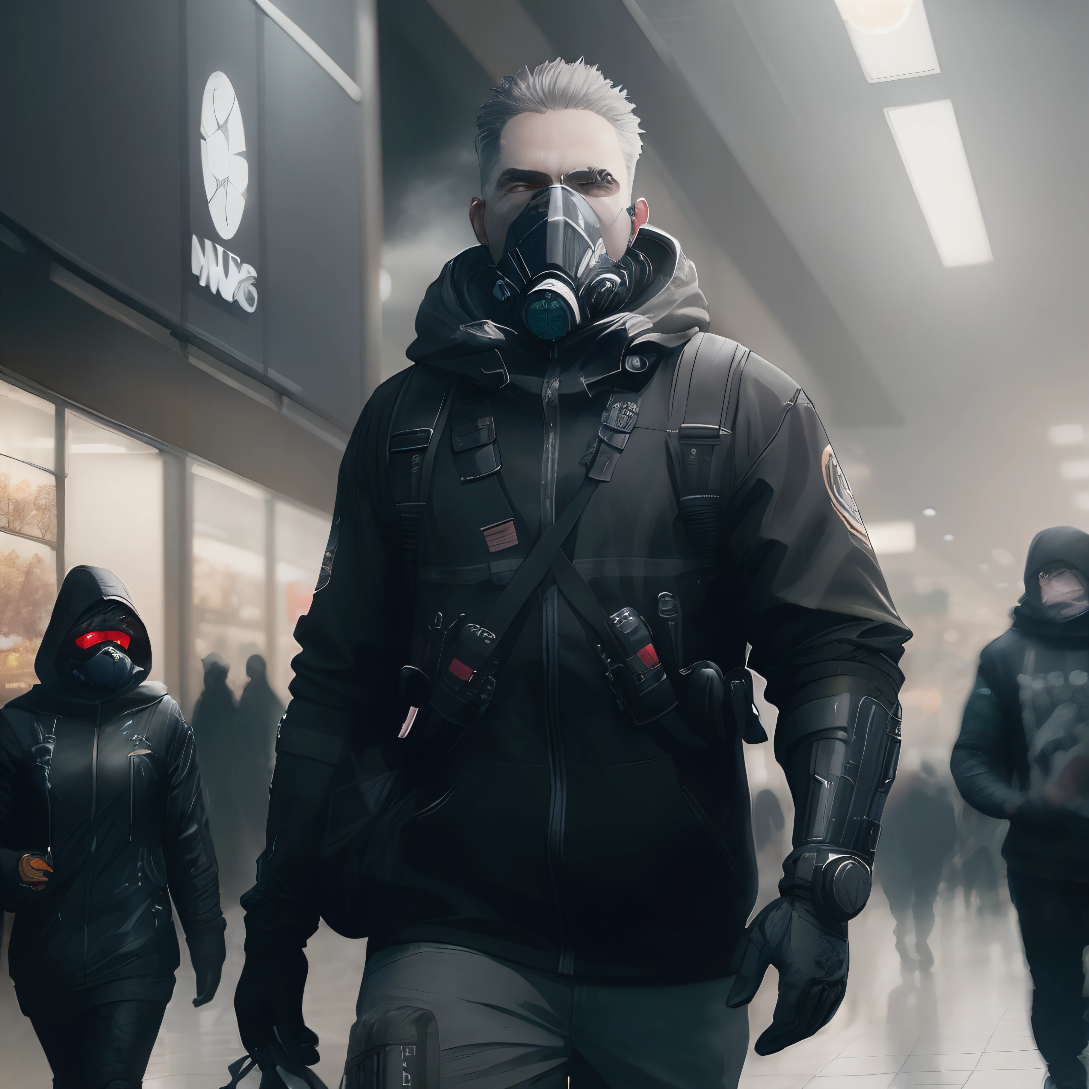 A man wearing a black respirator mask wanders into a mall carrying a packet of chips. A gray, rainy, smoky sky with many planets.
    , Unreal 5 rtx 8k hd, realistic cinematic composition, epic comp