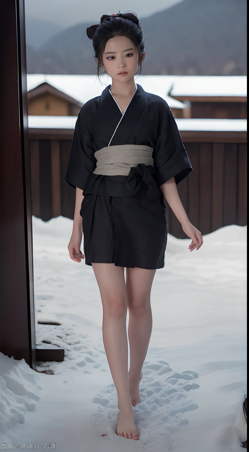 ((Best quality, 8K, Masterpiece :1.3)), Sharp focus:1.2 , Photorealsitic,(Cinematic lighting),Facial detail texture. Eye details. Double eyelids, Slender body. Super small breasts, -yeld gi photo-realistic:1.37,Perfect eyes, ((1 girl in a black yukata)),(white sash),(Ultra-thin fabric),((Ragged linen)),With a petite figure,brunette color hair,hair-bun,Qi bangs,Stand in the snow,The barefoot,Full body like,short- sleeved,short skirt,Exposing thighs,folds,((solid color backdrop)),is shy,Be red in the face