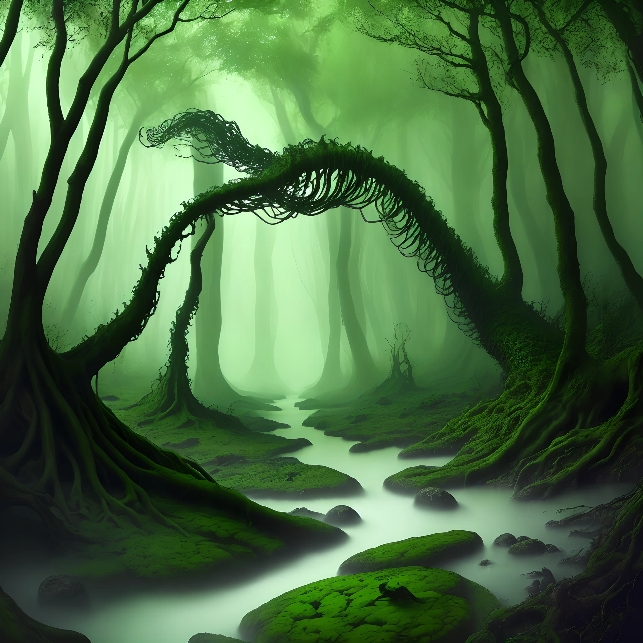 lush green forest with towering trees and sparkling streams. But the trees are all twisted and gnarled, and the streams are filled with murky green water. In the background, a strange and otherworldly creature moves through the shadows.

Hyperrealistic weirdcore + dreamcore 1:1 image