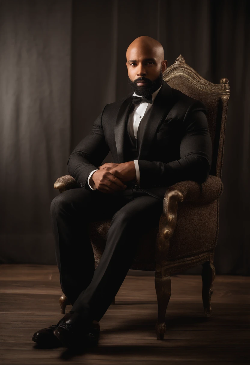 brown skin man,physically well built, sitting on throne,crown,very short beard,bald,black business attire