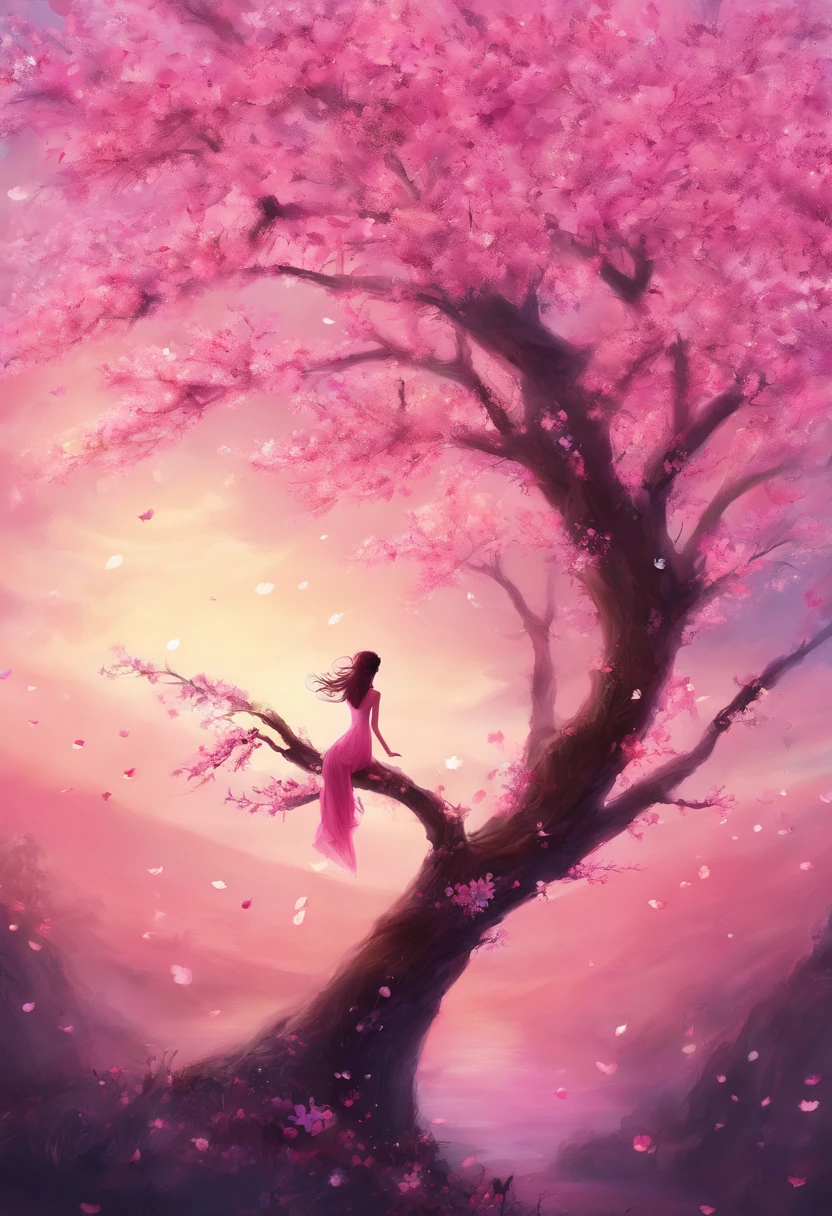 art by Cornflower, Dreamy, cherry_blossoms, Falling_petals, petals, branch, Pink_flower