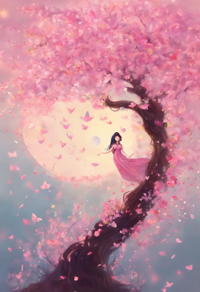 art by Cornflower, Dreamy, cherry_blossoms, Falling_petals, petals, branch, Pink_flower