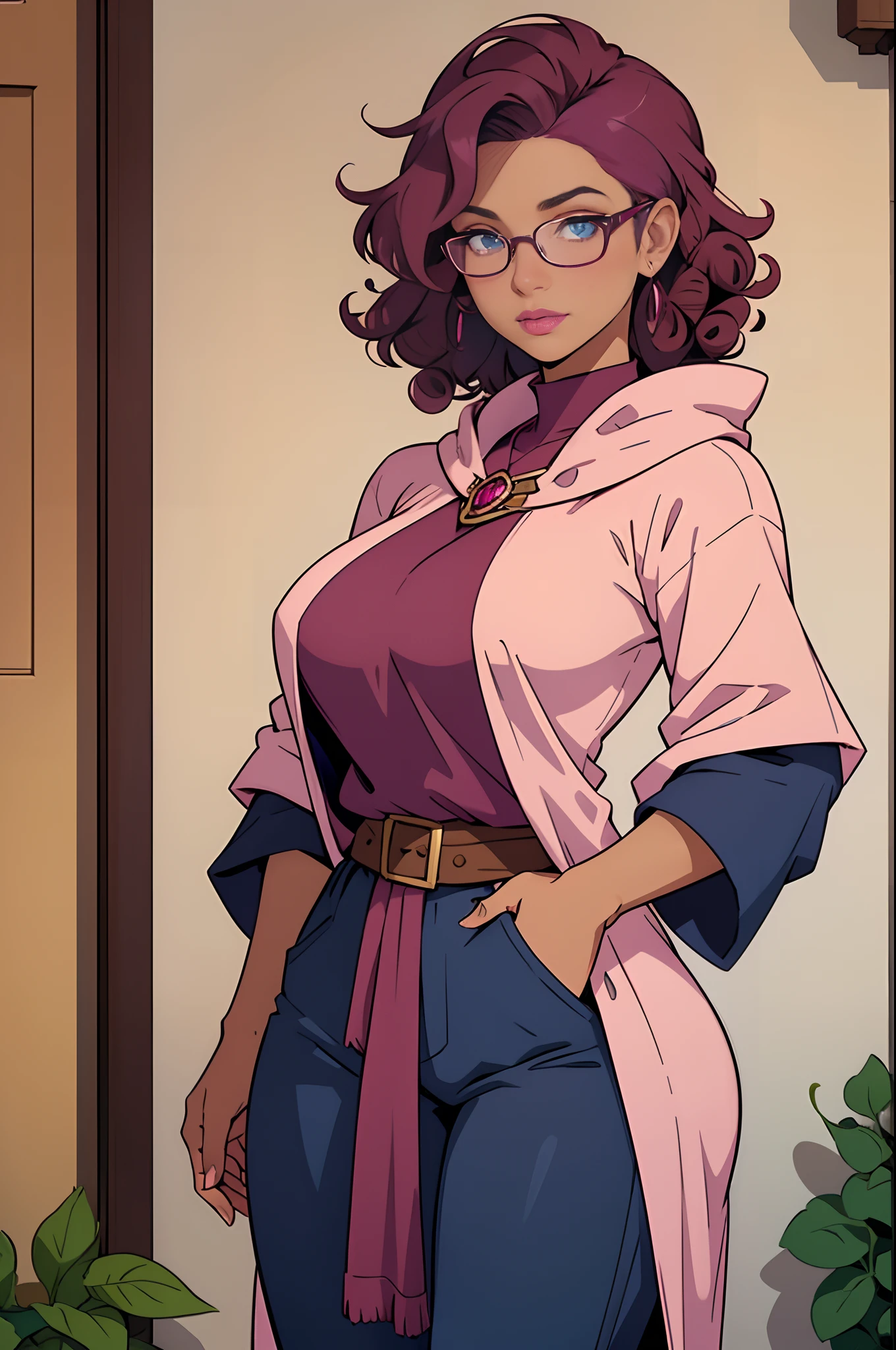 Solo, female, standing, looking at viewer, (((tan skin))), fantasy village, light pink linen tunic, navy cloak, magenta and navy blue accents, pants, (dark maroon hair, curly hair), glasses, big breasts, pink lipstick, blue eyes