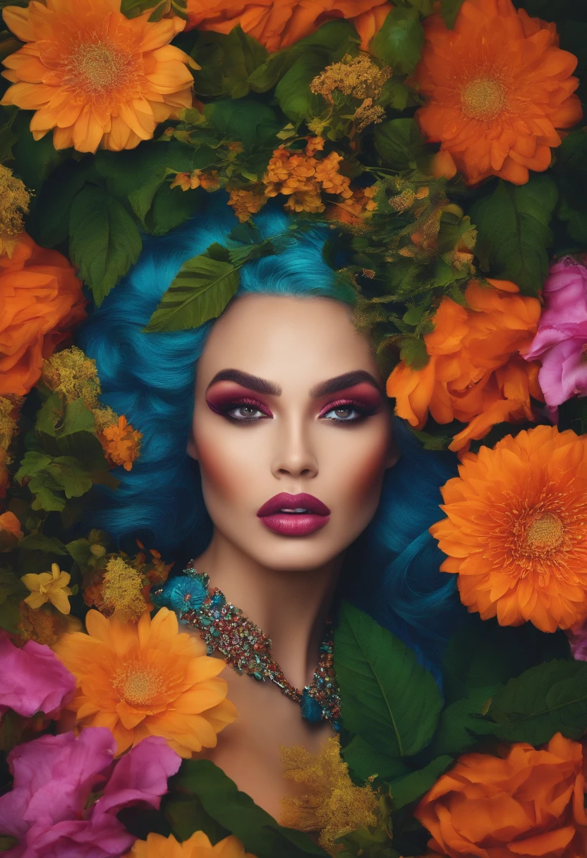 An enchanting and vibrant full-color upper body portrait of a female model with fiery red hair, adorned with streaks of bold and contrasting paint. She wears a striking emerald green gown, intricately decorated with splatters of yellow and purple paint. Her face is clear and only has subtle colors of paint around her eyes. The background showcases a backdrop of lush tropical foliage, creating a harmonious blend of natural and artistic elements. The epic character composition, combined with sharp focus and bright natural lighting, brings the captivating image to life. The subsurface scattering effect adds a touch of ethereal glow, while the f2 aperture and 35mm lens create a perfect balance of depth and detail.
<lora:PaintSplashV1:0.5> 11paint65splash99, (freckles:0.8), (lips parted), realistic eyes, POV, realistic[:, (film grain, 25mm, f/1.2, dof, bokeh, beautiful symmetrical face, perfect sparkling eyes, well defined pupils, high contrast eyes, ultra detailed skin, skin pores, vellus hair, fabric stitching, fabric texture, finely detailed features:1):0.9]
