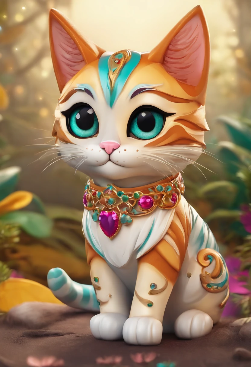 um gato fofo olhos grande e brilhantes em estilo chibi 3d com um fundo alegre e colorido bricando