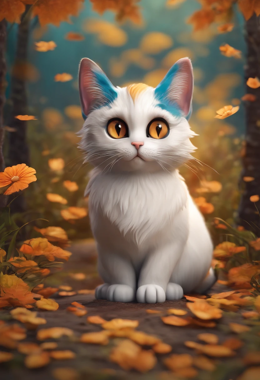 um gato fofo olhos grande e brilhantes em estilo chibi 3d com um fundo alegre e colorido bricando
