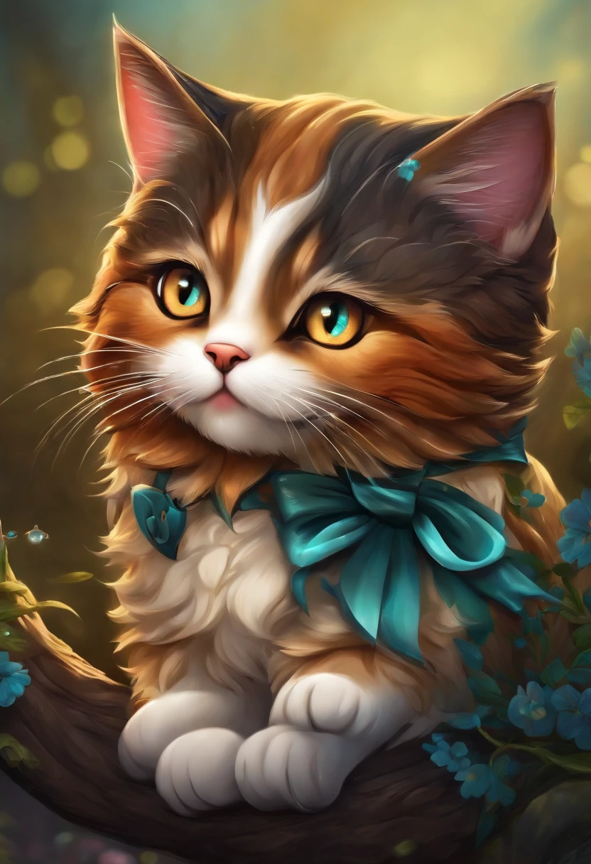 um gato fofo olhos grande e brilhantes em estilo chibi 3d com um fundo alegre e colorido bricando