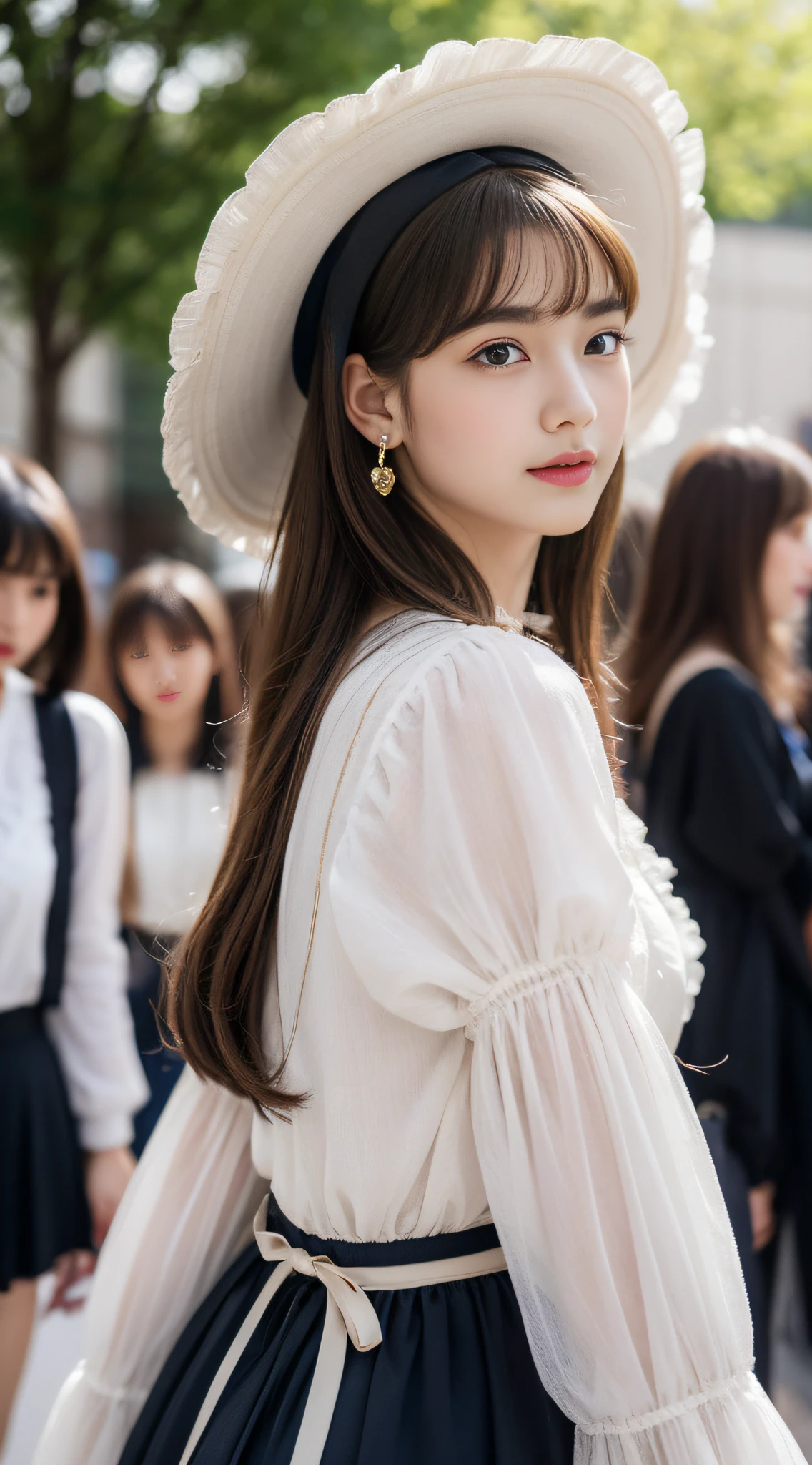 (32K,very high res, high detailing, highly accurate, masutepiece、girl1:1.5),Raw photo & realistic atmosphere,beautiful dark blue eyes,Detailed mouth,Glossy lips,Detailed eyebrows,Eyes drawn in detail with soft white skin that shines in every detail、Very beautiful eyes with azure eyes,Detailed lips、Very beautiful face,Very well-formed face、Lifelike face,shiny beautiful lips,Beautiful eyebrows,Infinite reality,Best design,(Insanely cute Japan Lolita fashion beautiful girl,Beautiful thighs,Ideal legs,Beautifully shaped breasts,Very cute beautiful girl,Little GirlBest Natural Makeup,Japanese ido,Korean Idols,Young sensual idol,Moist eyes,Beautiful eyes that sparkle,Beautiful butt,beauty legs,,camel's foot,:1.2),超A high resolution、The face of a masterpiece with high detail,Natural and realistic face,Back lighting,Pure eyes are too cute,Reality Live Action,(Earrings that look good in Lolita fashion,,a necklace,hair adornments,Head dress,Lolita hat:1.5),Glossy nail art,Blonde medium permed hair:1.4),(Lolita fashion with very beautiful embroidery in high detail high definition,Beautiful Lolita in high detail high definition,a miniskirt,Show full-body fashion:1.6),Looks Back,On the streets of Harajuku,Gentle smile