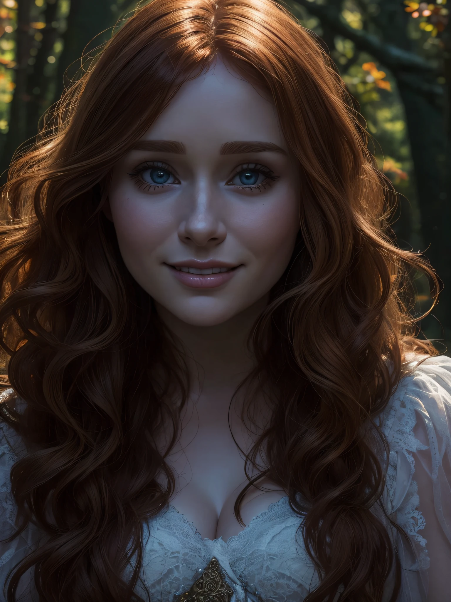 (masterpiece), best quality, expressive eyes, perfect face, ultra detailed illustration of a beautiful curvy woman with wavy ginger hair wearing lovely autumn dress, cute smile, surrounded by a mystical forest, walking towards the camera, magical aura, whimsical, art by MSchiffer ethereal, tetradic colors (bryce dallas howard lookalike). The photo is taken with a Canon EOS R camera and has a cinematic, hyper-realistic quality with vibrant colors and sharp details. HDR, 32k