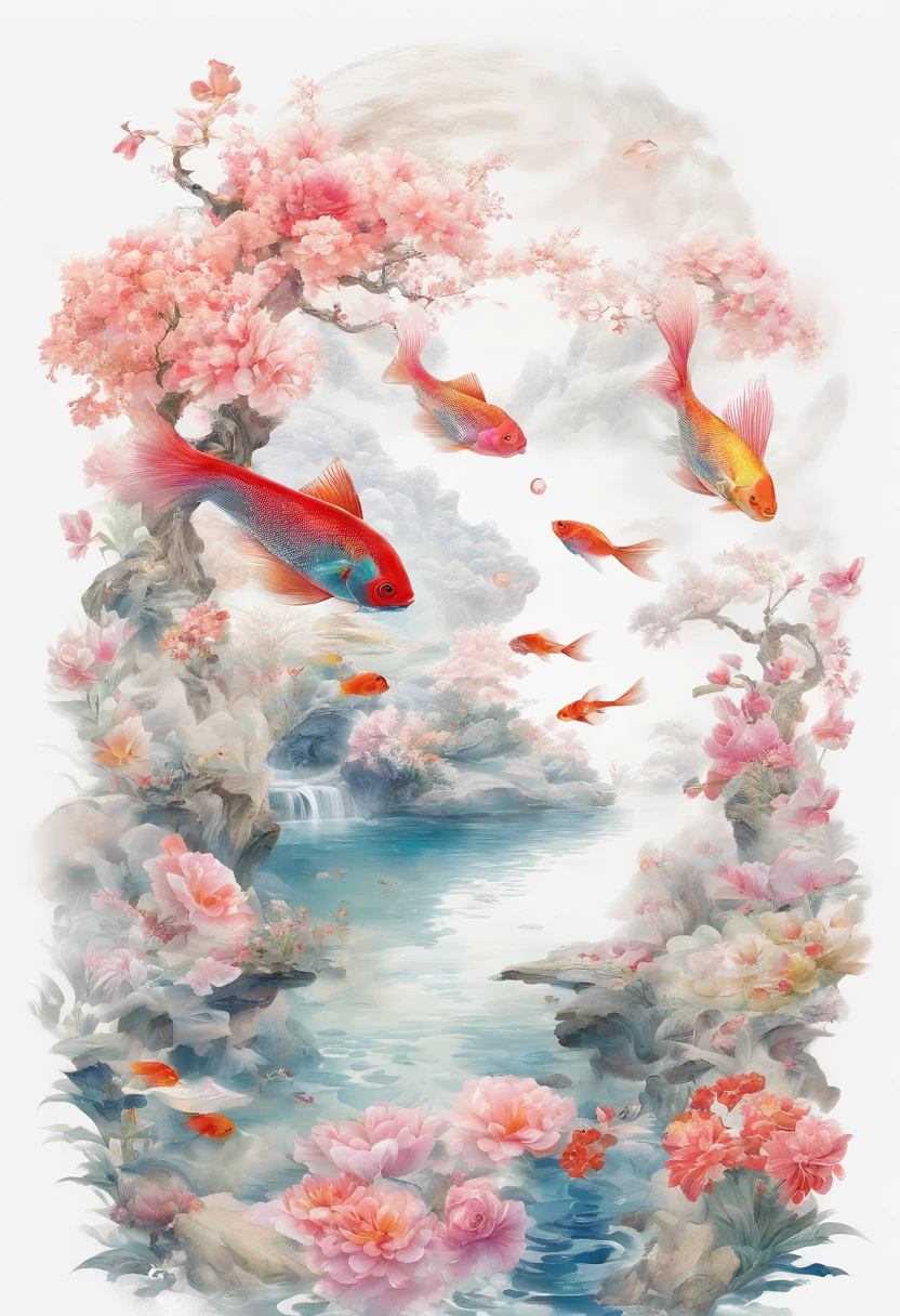 huaniao, [(White background:1.5)::5], Medium Shot Shot, Chinese style, Flowers,((Fish)),stone fragment, beautiful detailed  water,pool,