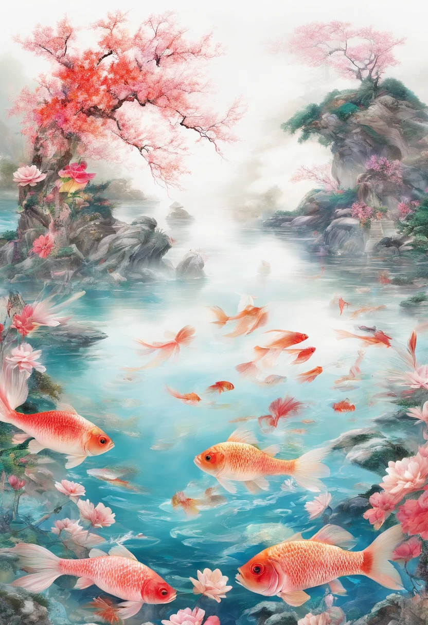 huaniao, [(White background:1.5)::5], Medium Shot Shot, Chinese style, Flowers,((Fish)),stone fragment, beautiful detailed  water,pool,