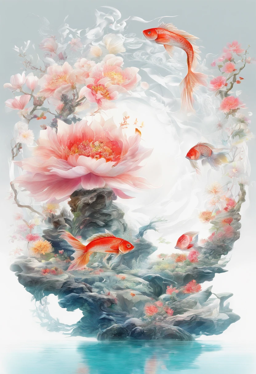 huaniao, [(White background:1.5)::5], Medium Shot Shot, Chinese style, Flowers,((Fish)),stone fragment, beautiful detailed  water,pool,