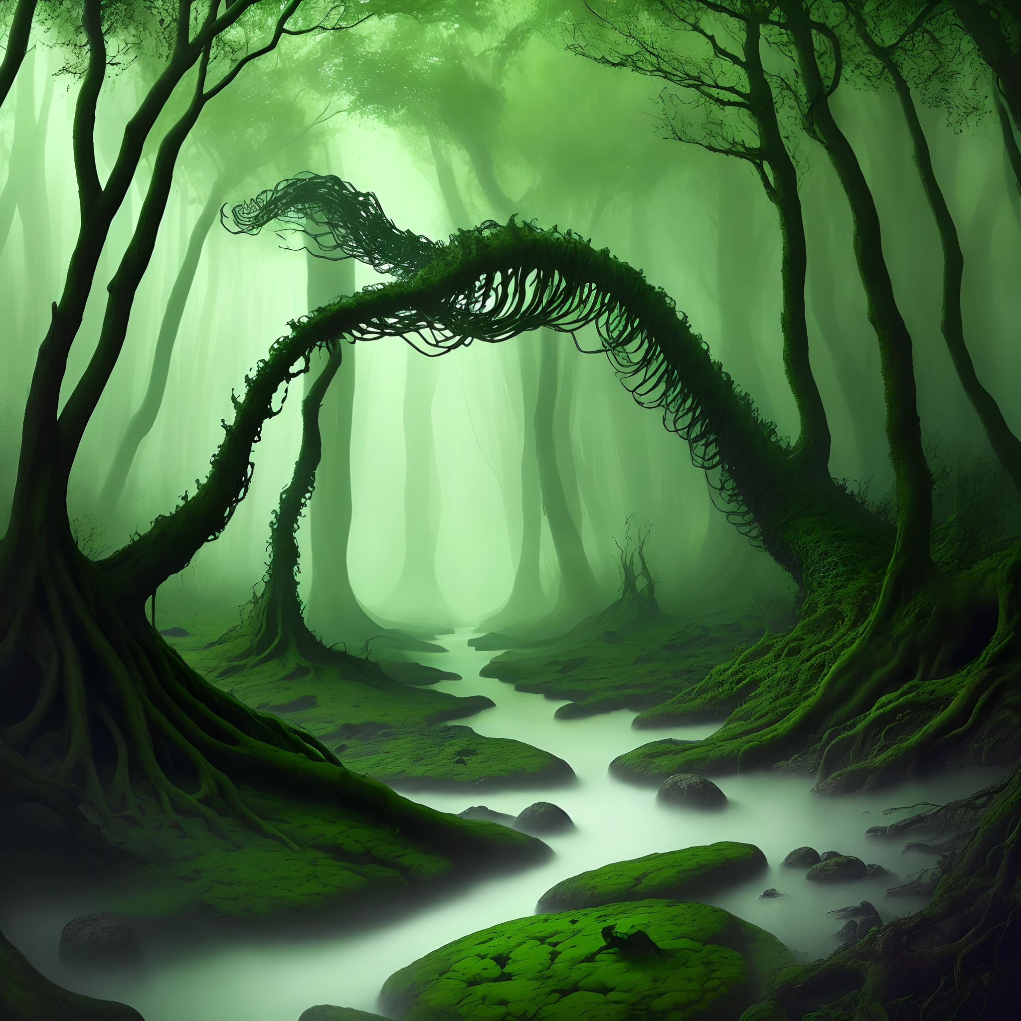 lush green forest with towering trees and sparkling streams. But the trees are all twisted and gnarled, and the streams are filled with murky green water. In the background, a strange and otherworldly creature moves through the shadows.

Hyperrealistic weirdcore + dreamcore 1:1 image