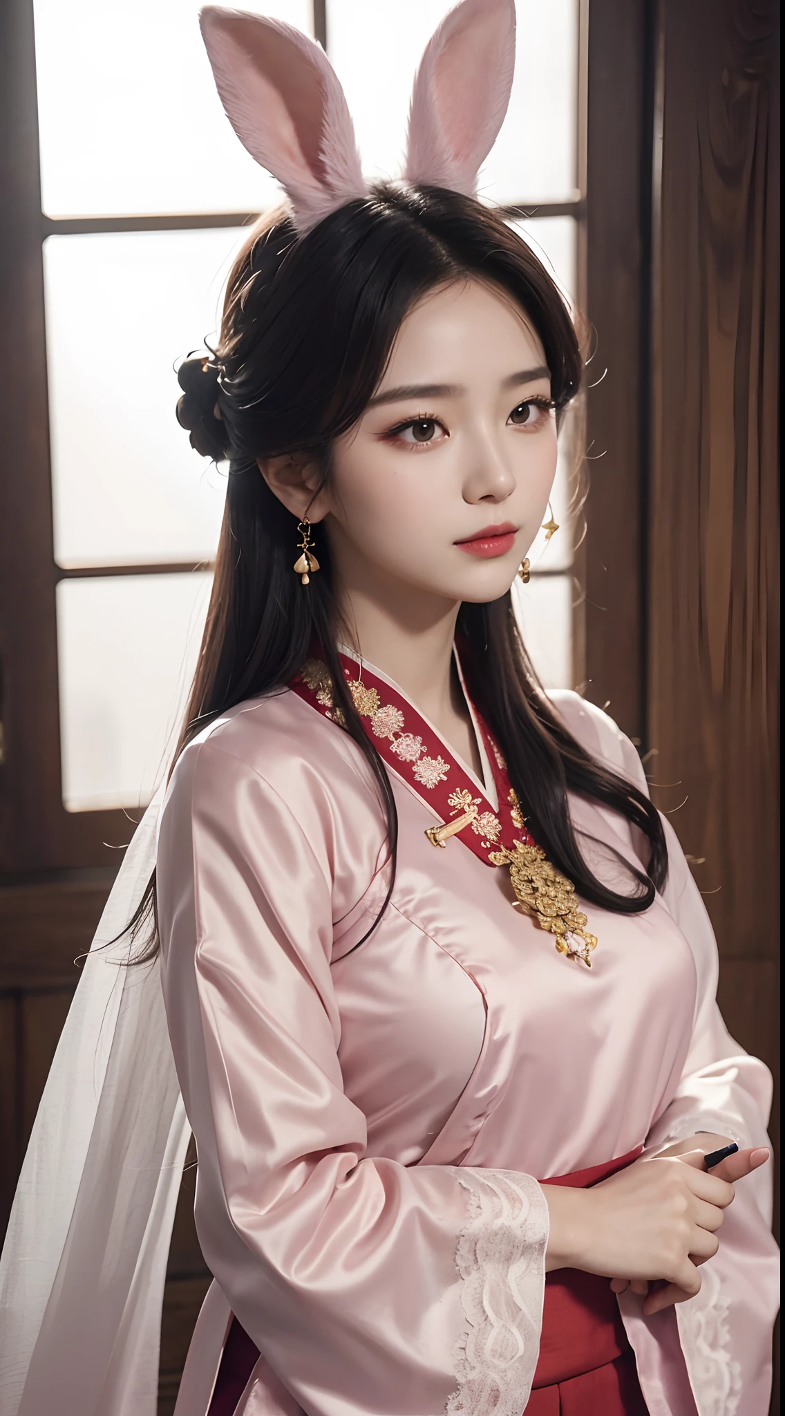 A stunning girl in a traditional hanfu costume, adorned with a thin red silk shirt featuring intricate yellow motifs. Her black lace top adds a touch of elegance to her outfit, while her light pink rabbit ears add a playful element. Her long hair is dyed a pale purple platinum, and is adorned with beautiful hair jewelry. Her pretty face is accentuated by her perfect features, and her earring jewelry adds a final touch of beauty.