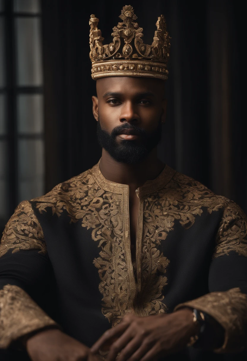 brown skin man,physically well built, sitting on throne,crown,very short beard,bald,black business attire