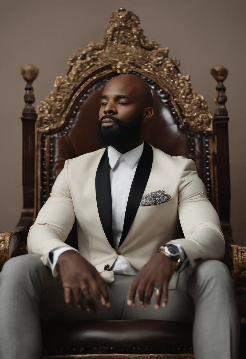 brown skin man,physically well built, sitting on throne,crown,very short beard,bald,black business attire