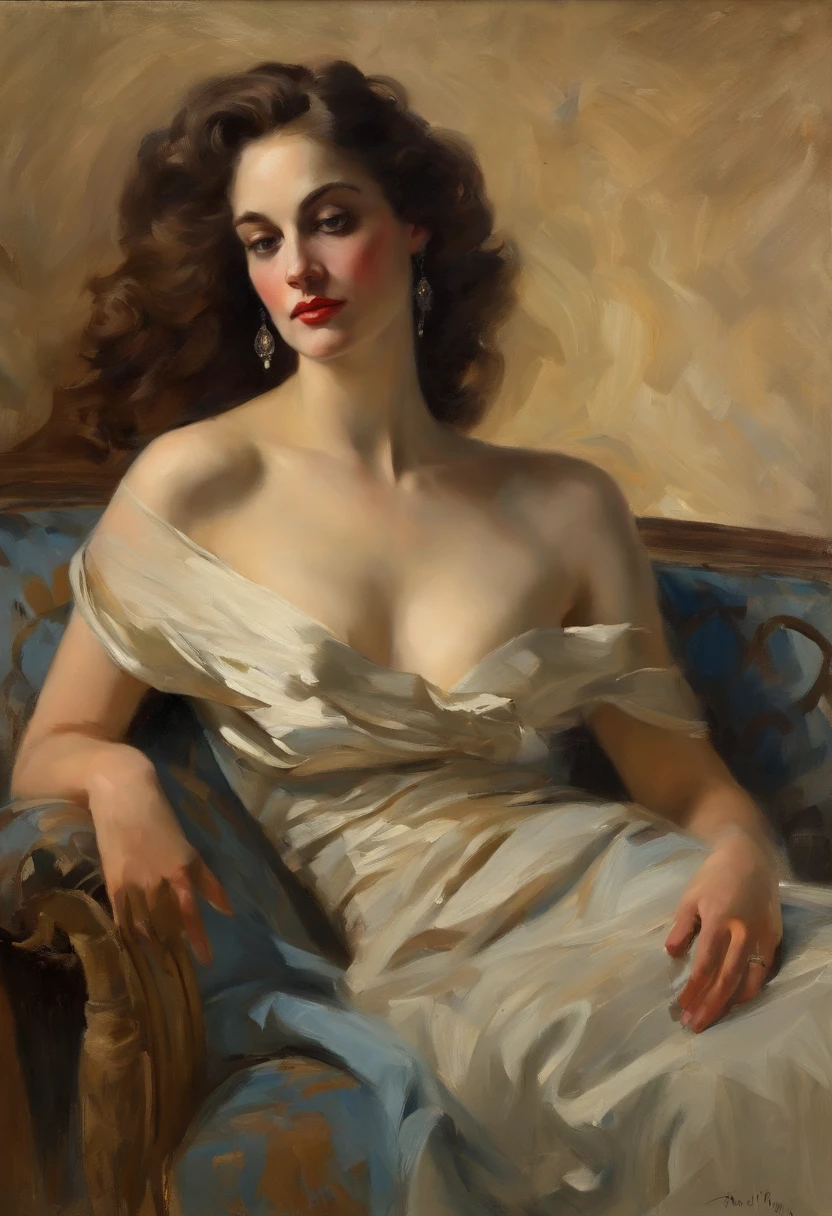 NSFW, painting of An elegant 1970s woman laying on a couch, she has a blue dress on, long brown hair, and brown eyes, she is elegant, sexy, gorgeous, oil on canvas in the style of ambrose mcevoy. sexy, glamorous pin-up girl, john singer sargent style, inspired by Tom Lovell, inspired by John Singer Sargent, inspired by Frederic Leighton, by Tom Lovell, inspired by Sargent Johnson, art style of john collier, inspired by Konstantin Vasilyev, albert lynch, inspired by Willem Kalf