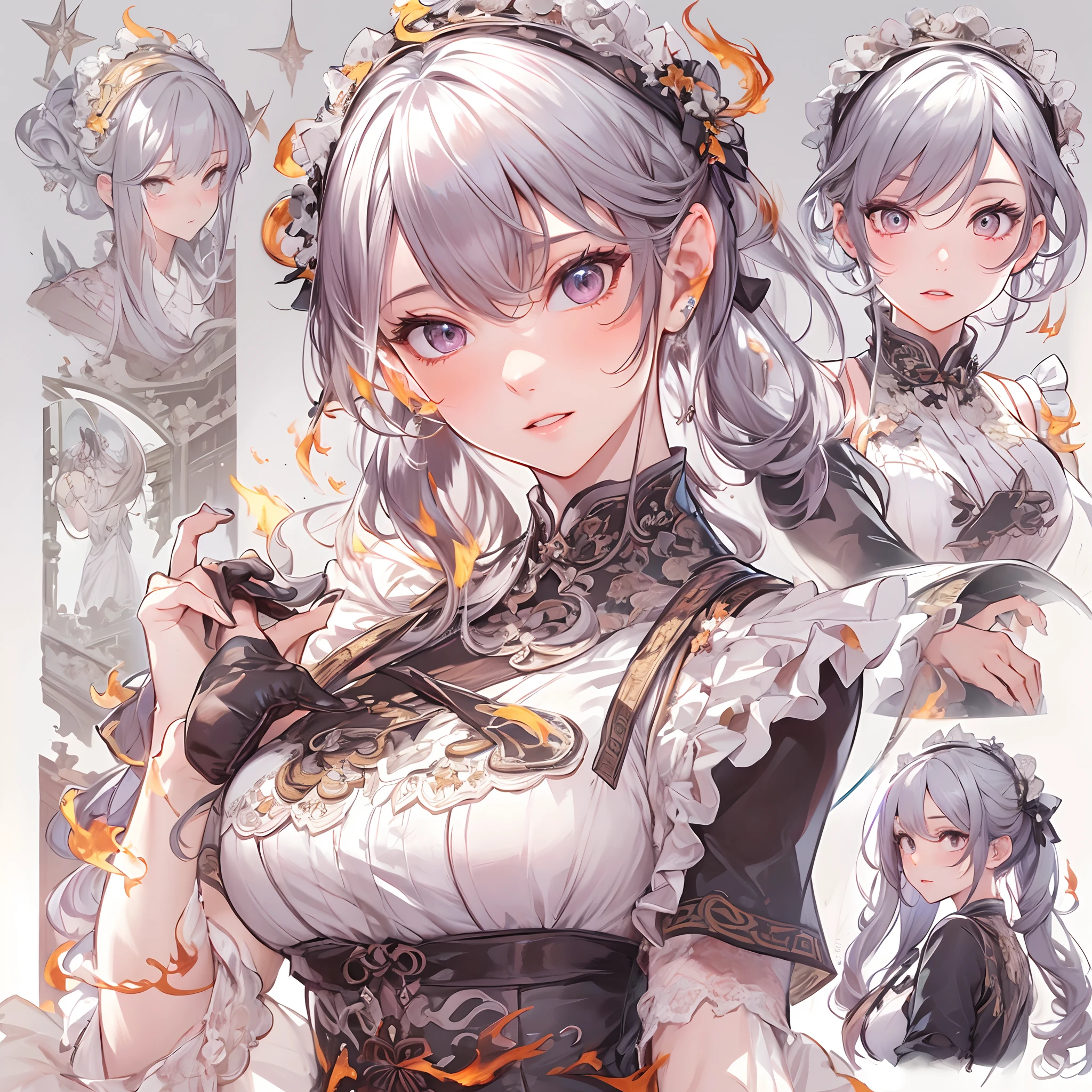 ((Masterpiece, Highest quality)), Detailed face, CharacterDesignSheet， full bodyesbian, Full of details, Multiple poses and expressions, Highly detailed, Depth, Many parts，Beautiful Maid，fenghuang，double-ponytail，estilo fantasia，Surrounded by flames，Extremely beautiful，High Balance, Natural light, Lace，lacepantyhose，Star decoration，mirror surface