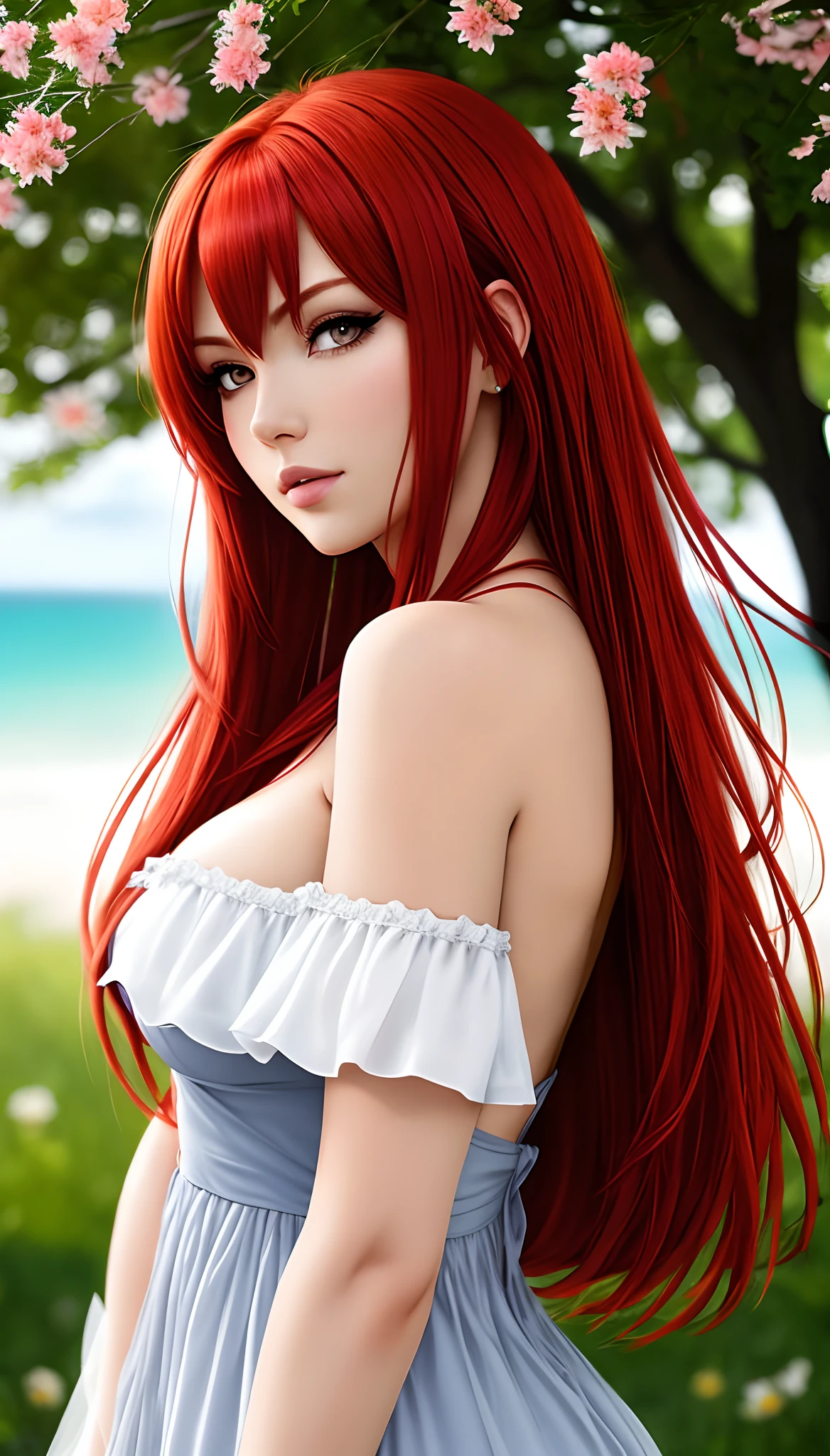 Elfa arqueira com cabelo vermelho, corpo sexy, em estilo anime de corpo inteiro em uma floresta, com roupa de um mundo de fantasia